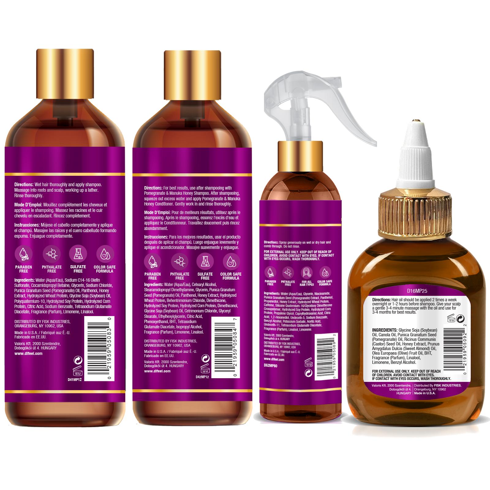 Difeel Pomegranate & Manuka Honey Shampoo & Conditioner 4-PC Set - Includes 12oz Shampoo,12oz Conditioner, 8oz Leave in Spray and 2.5oz Hair Oil