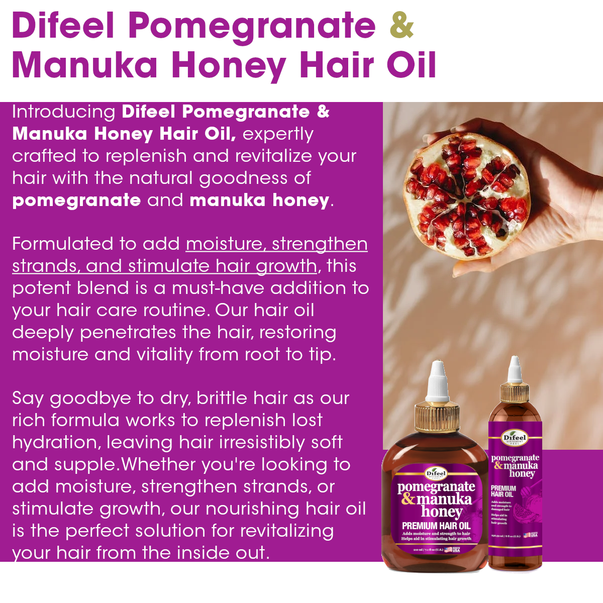 Difeel Pomegranate & Manuka Honey Shampoo & Conditioner 4-PC Set - Includes 12oz Shampoo,12oz Conditioner, 8oz Leave in Spray and 2.5oz Hair Oil