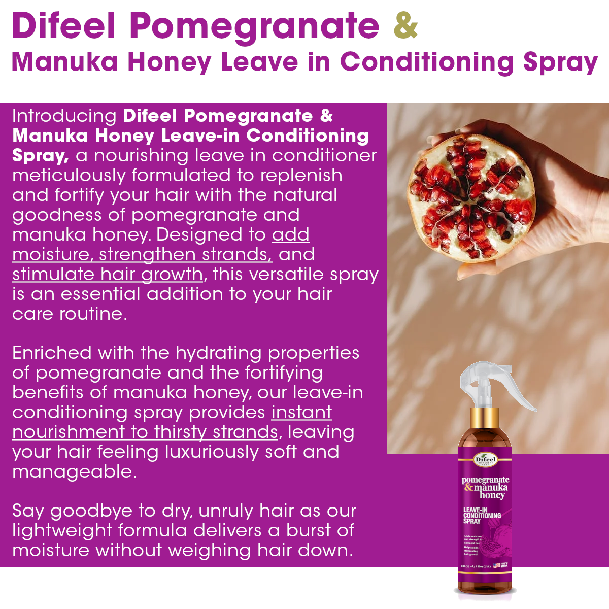 Difeel Pomegranate & Manuka Honey Shampoo & Conditioner 4-PC Set - Includes 33.8oz Shampoo, 33.8oz Conditioner, 8oz Leave in Spray and 7.1oz Hair Oil