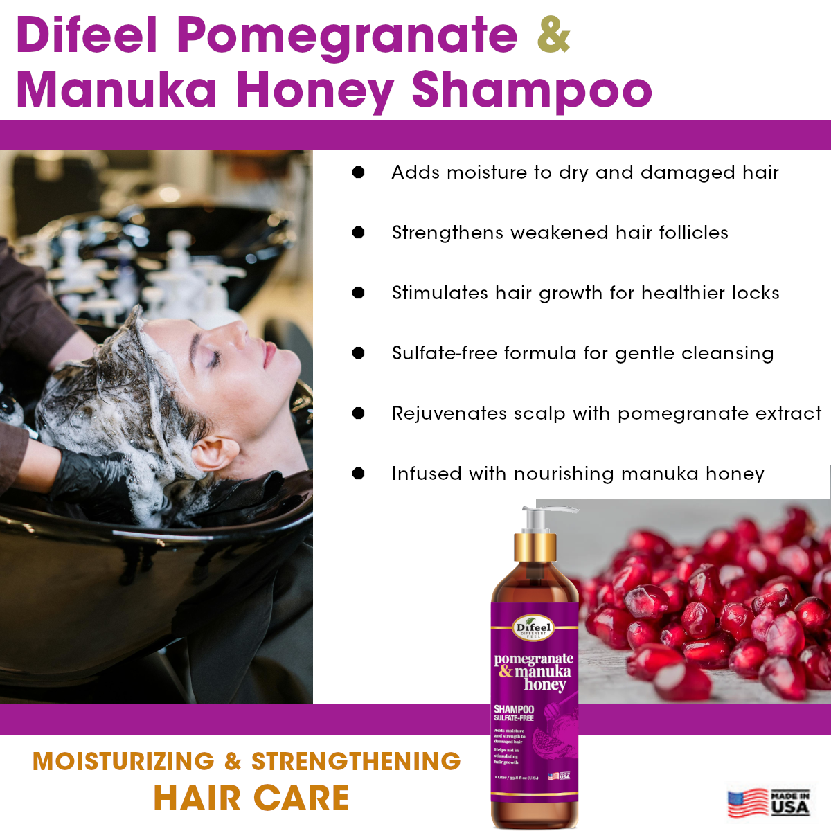 Difeel Pomegranate & Manuka Honey Sulfate-Free Shampoo 33.8 oz.