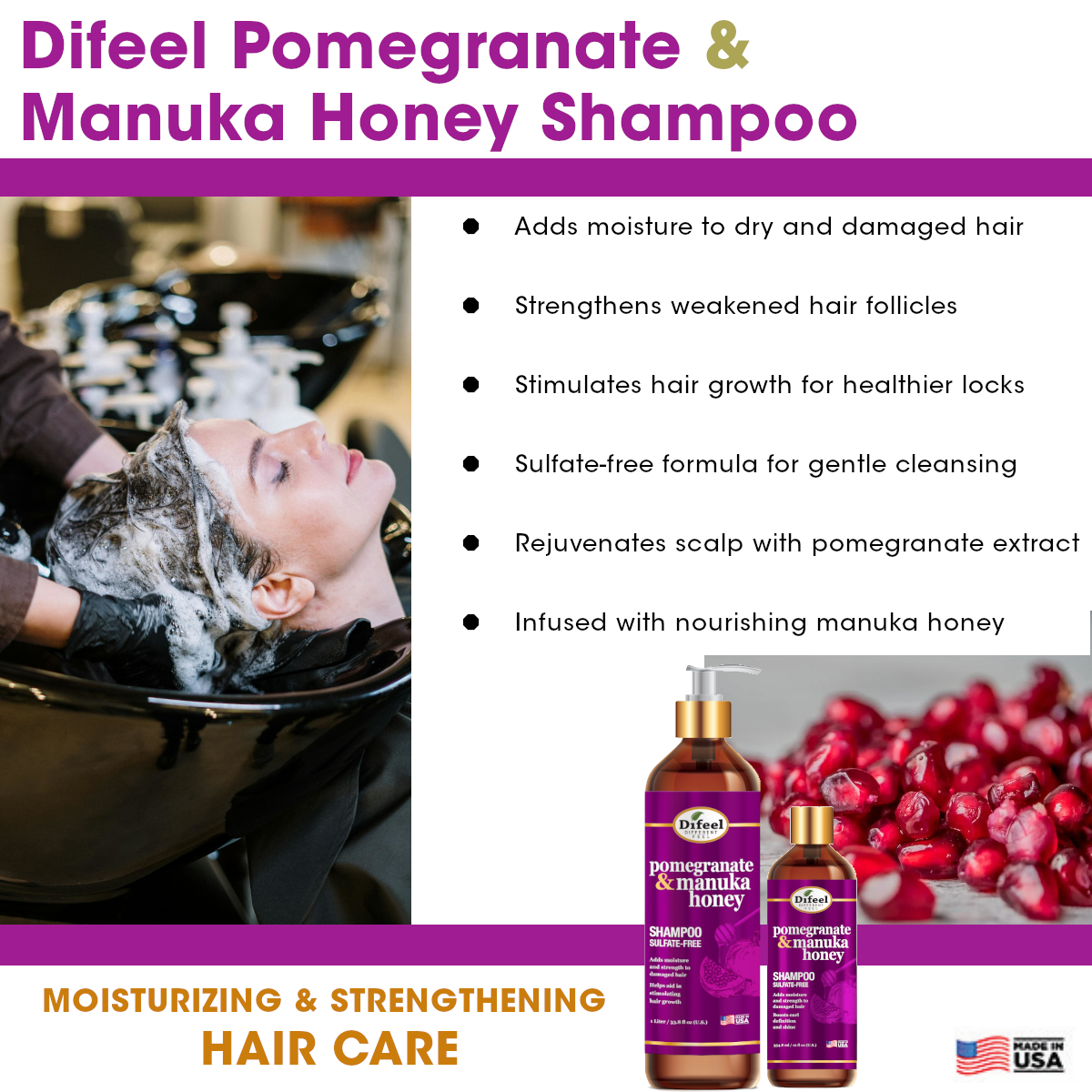 Difeel Pomegranate & Manuka Honey Sulfate-Free Shampoo 12 oz.