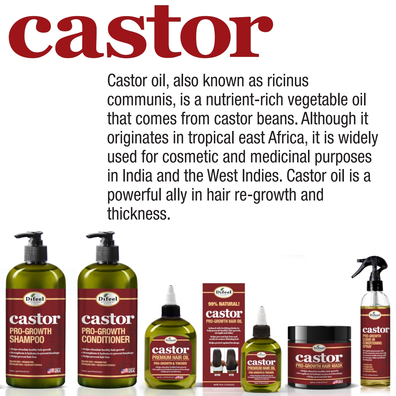 Difeel Castor Pro-Growth 3-PC Hair Care Set - Shampoo 12 oz. , Conditioner 12 oz. , & Hair Oil 8oz