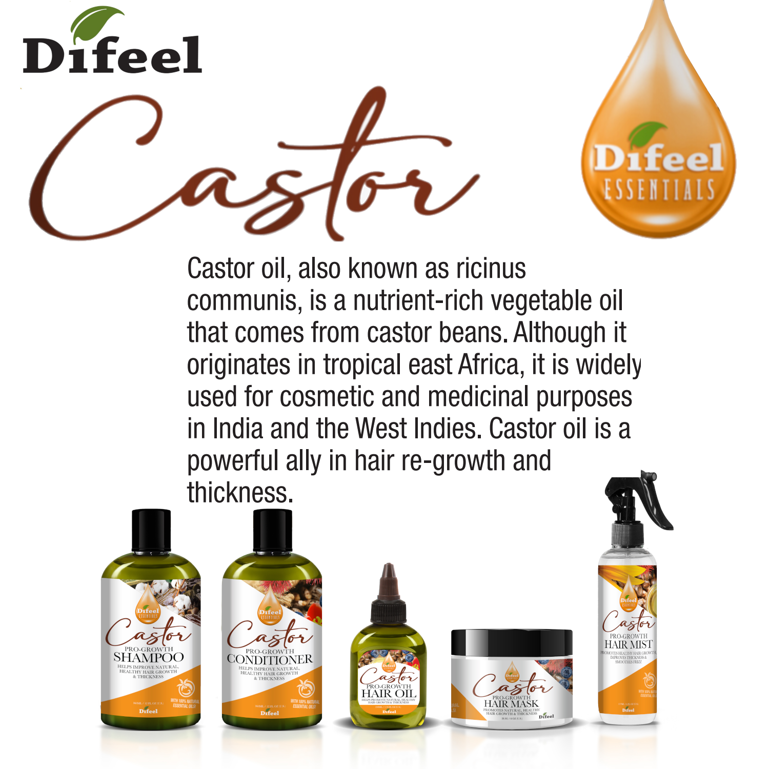 Difeel Essentials Castor Pro-Growth - Hair Oil 2.5 oz.