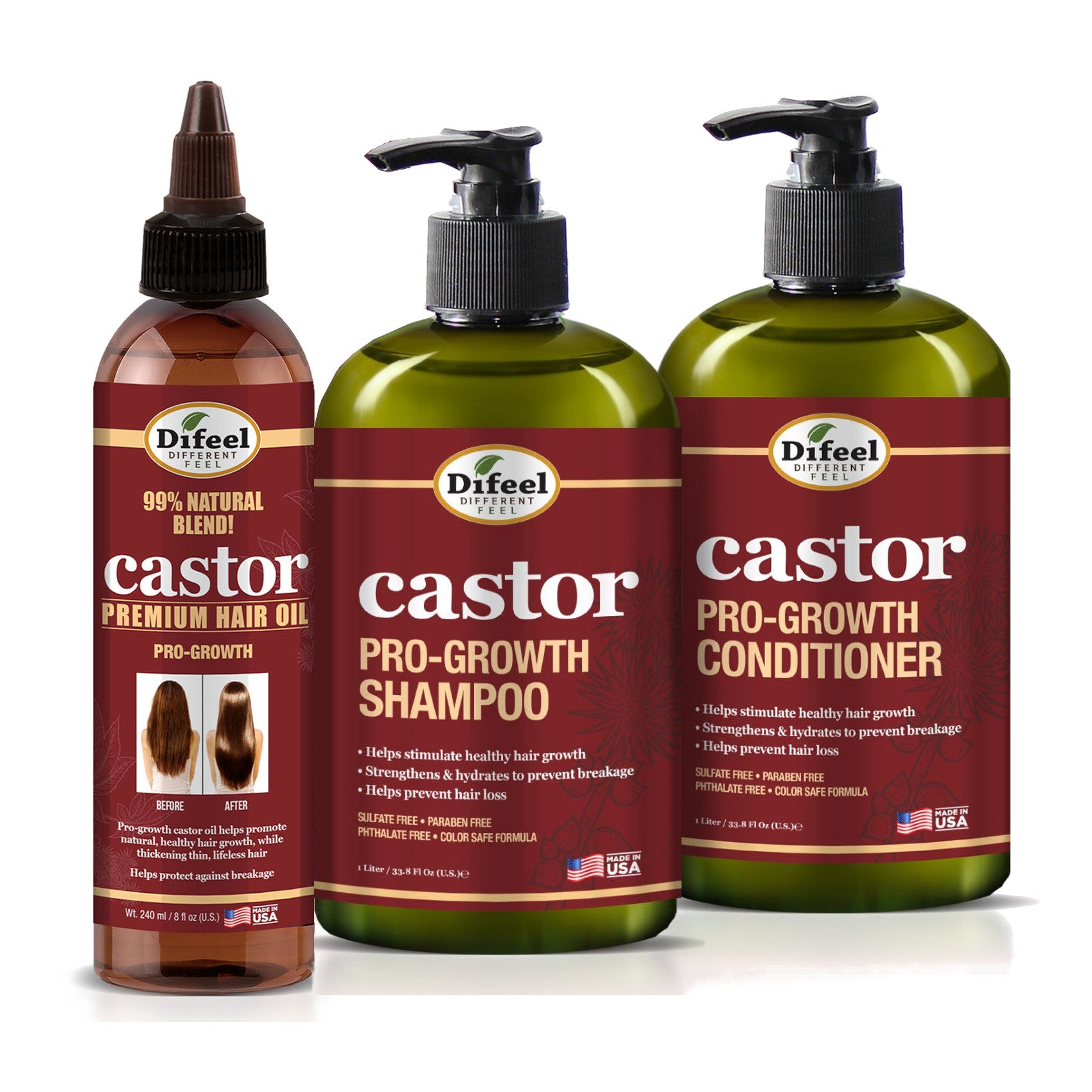 Difeel Castor Pro-Growth 3-PC Hair Care Set - Shampoo 12 oz. , Conditioner 12 oz. , & Hair Oil 8oz