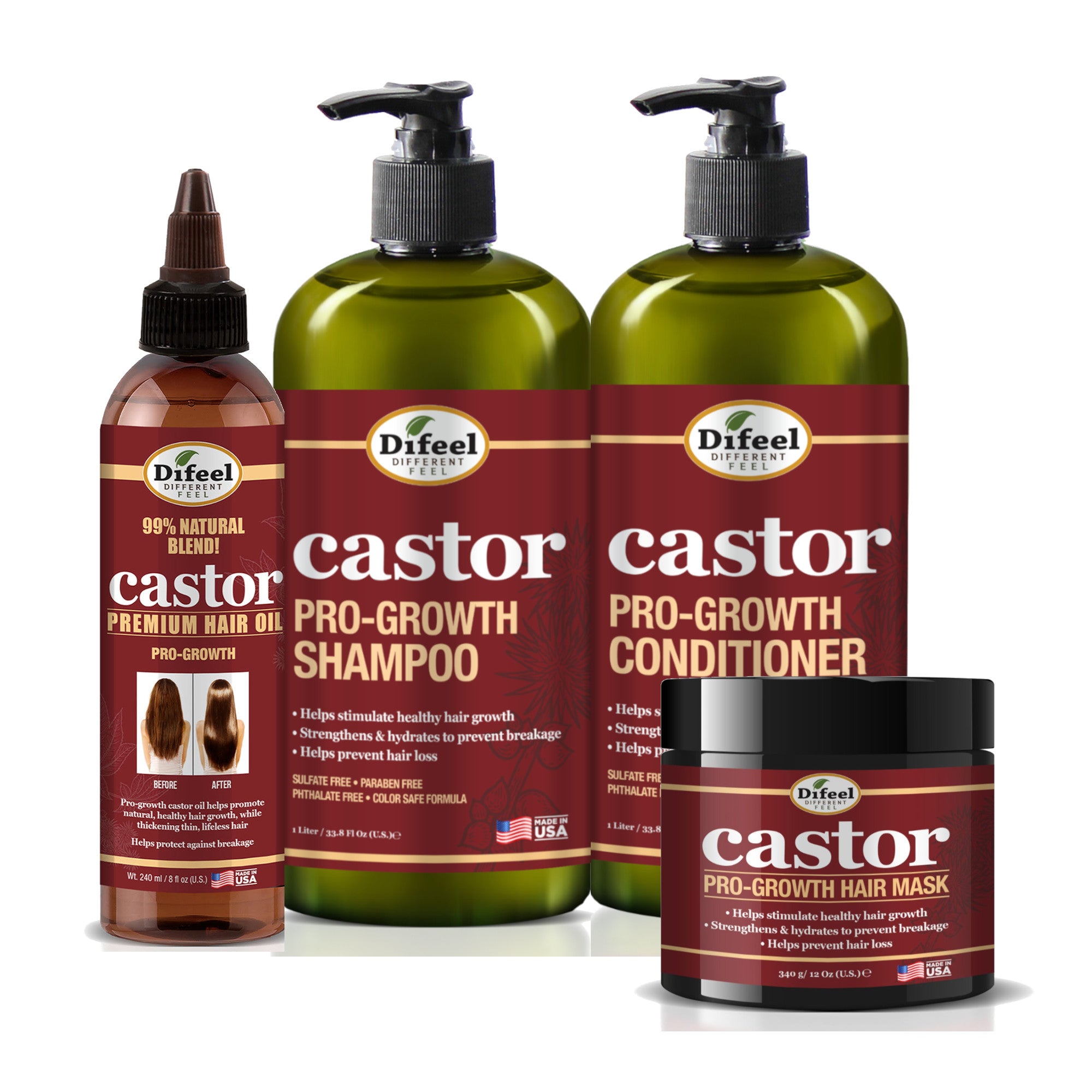 Difeel Castor Pro-Growth 4-PC Ultimate Hair Care Set - Shampoo 33.8oz, Conditioner 33.8oz, Hair Mask 12 oz.  & Hair Oil 8oz