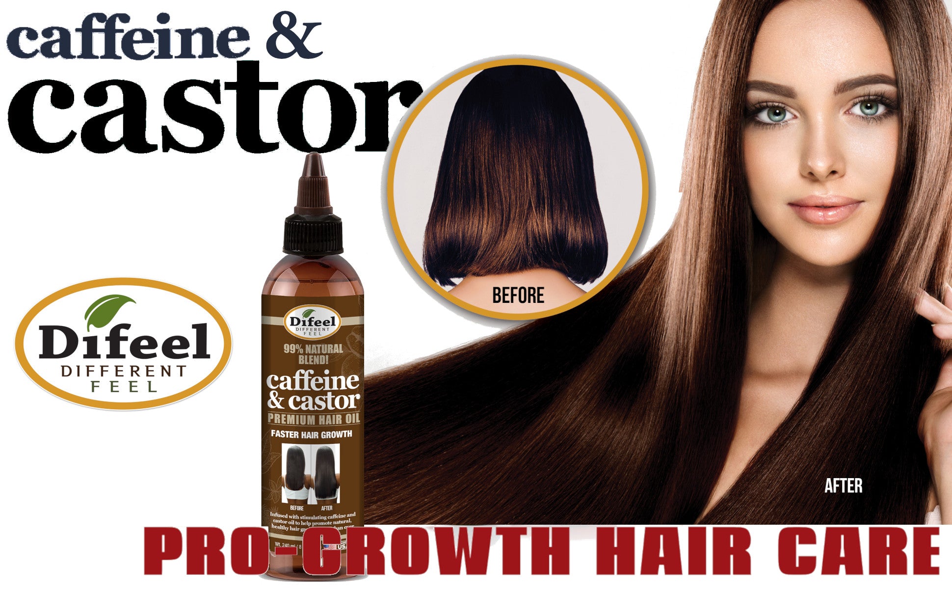 Difeel 99% Premium Natural Hair Oil Blend- Caffeine & Castor Faster Hair Growth Hair Oil 8 oz.