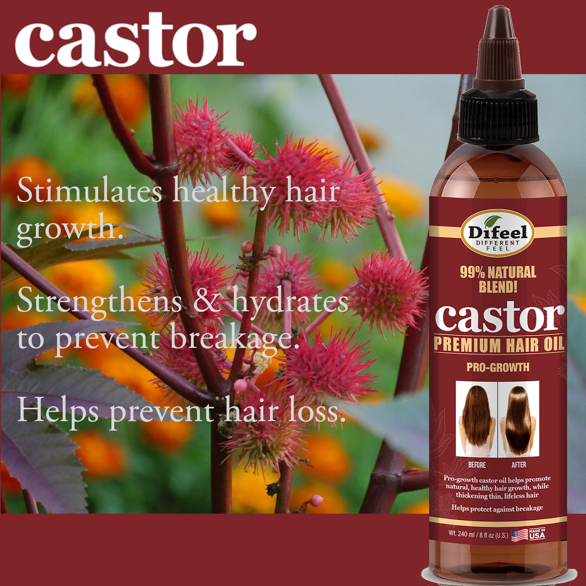 Difeel Castor Pro-Growth 3-PC Hair Care Set - Shampoo 12 oz. , Conditioner 12 oz. , & Hair Oil 8oz
