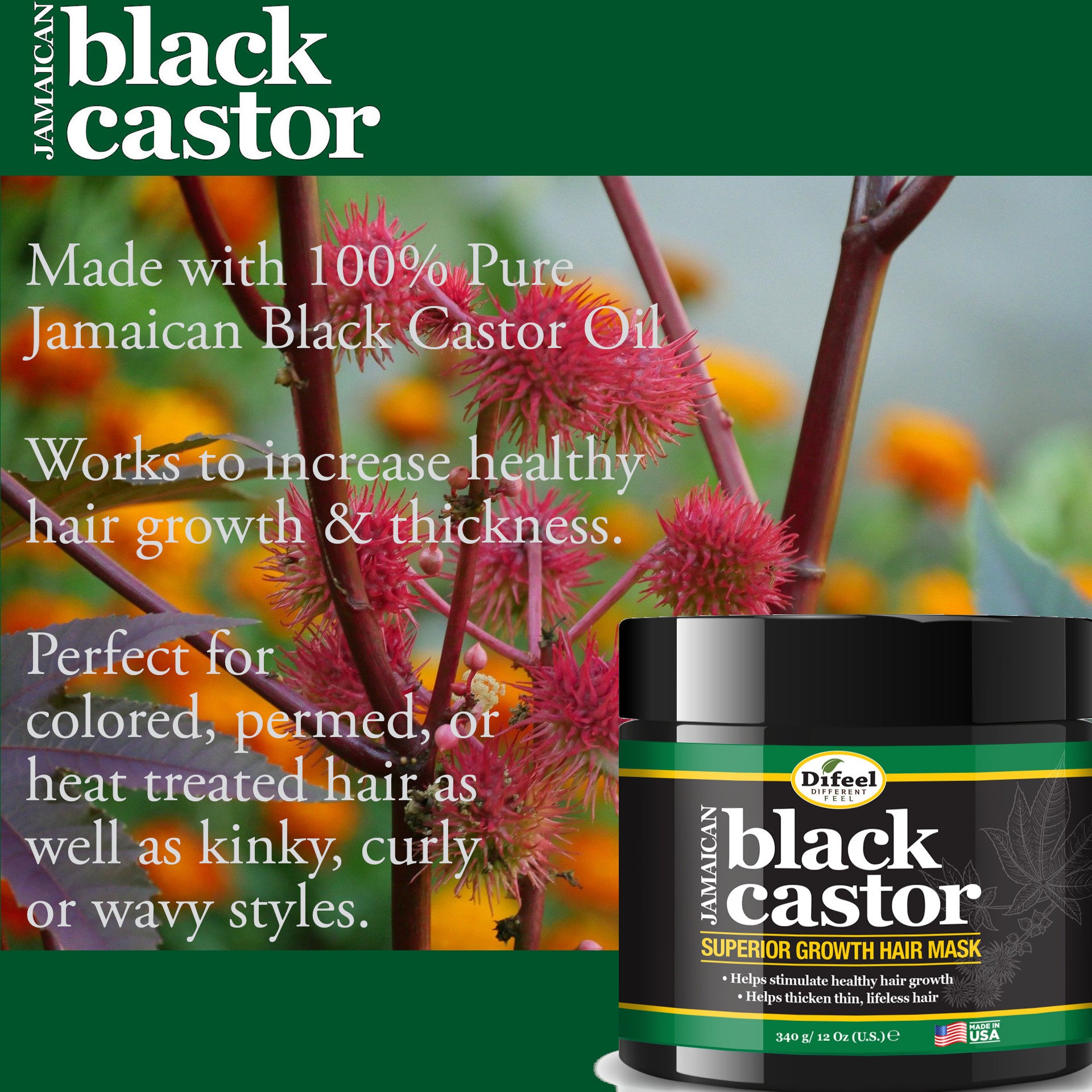 Difeel Superior Growth Jamaican Black Castor 4-PC Hair Treatment Set - Includes 12 oz. Shampoo, 12 oz. Hair Mask , 2.5 oz. Root Stimulator & 2.5 oz. Hair Oil