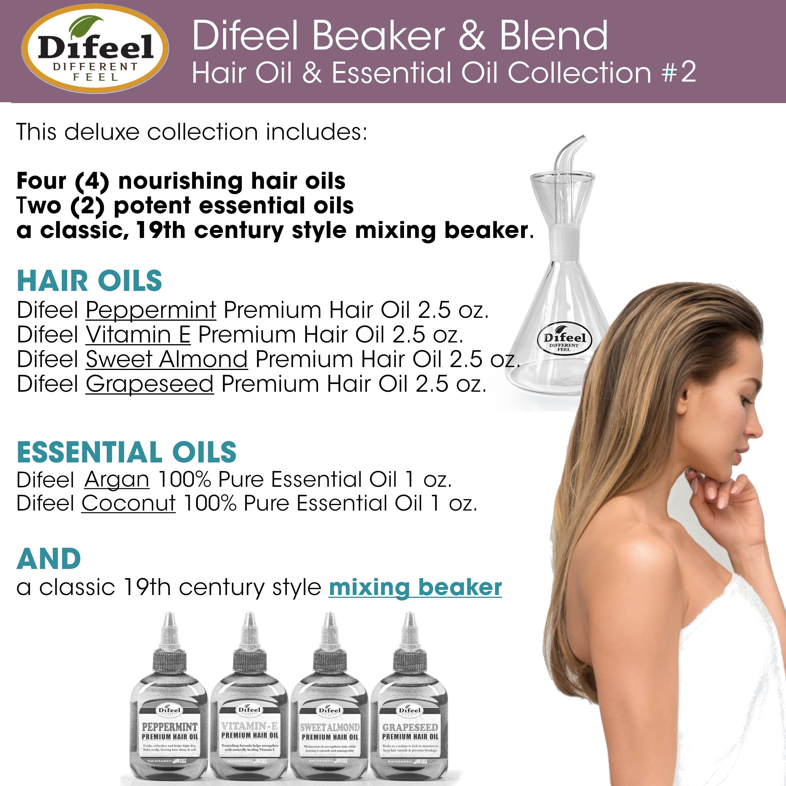 Difeel Beaker & Blend Hair & Essential Oil Kit #2 - Includes Peppermint, Vitamin E, Sweet Almond & Grapeseed Hair Oils, Argan & Coconut Essential Oils and a Mixing Beaker