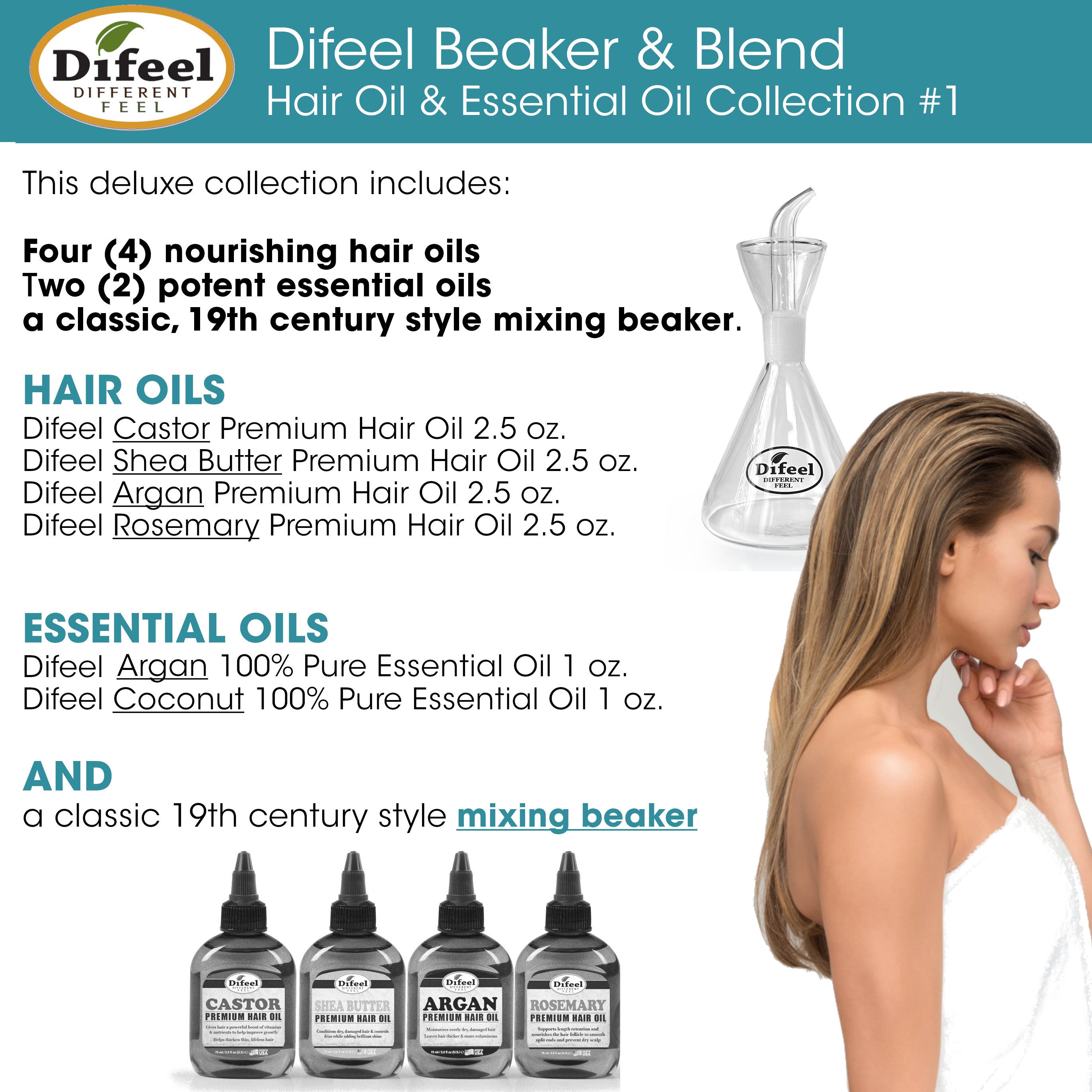 Difeel Beaker & Blend Hair & Essential Oil Kit #1 - Includes Castor, Shea Butter, Argan, Rosemary Hair Oils plus Argan & Coconut Essential Oils