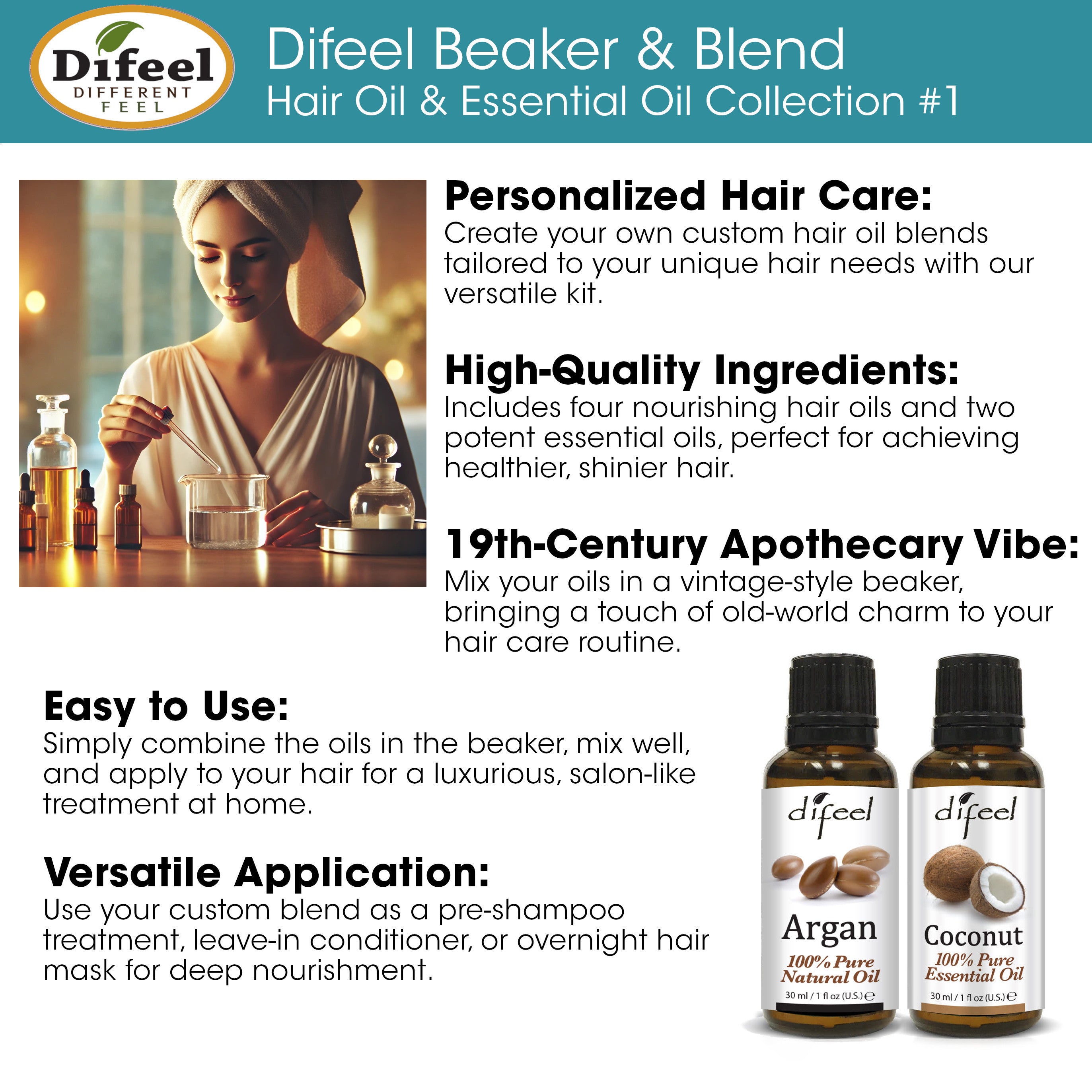 Difeel Beaker & Blend Hair & Essential Oil Kit #1 - Includes Castor, Shea Butter, Argan, Rosemary Hair Oils plus Argan & Coconut Essential Oils