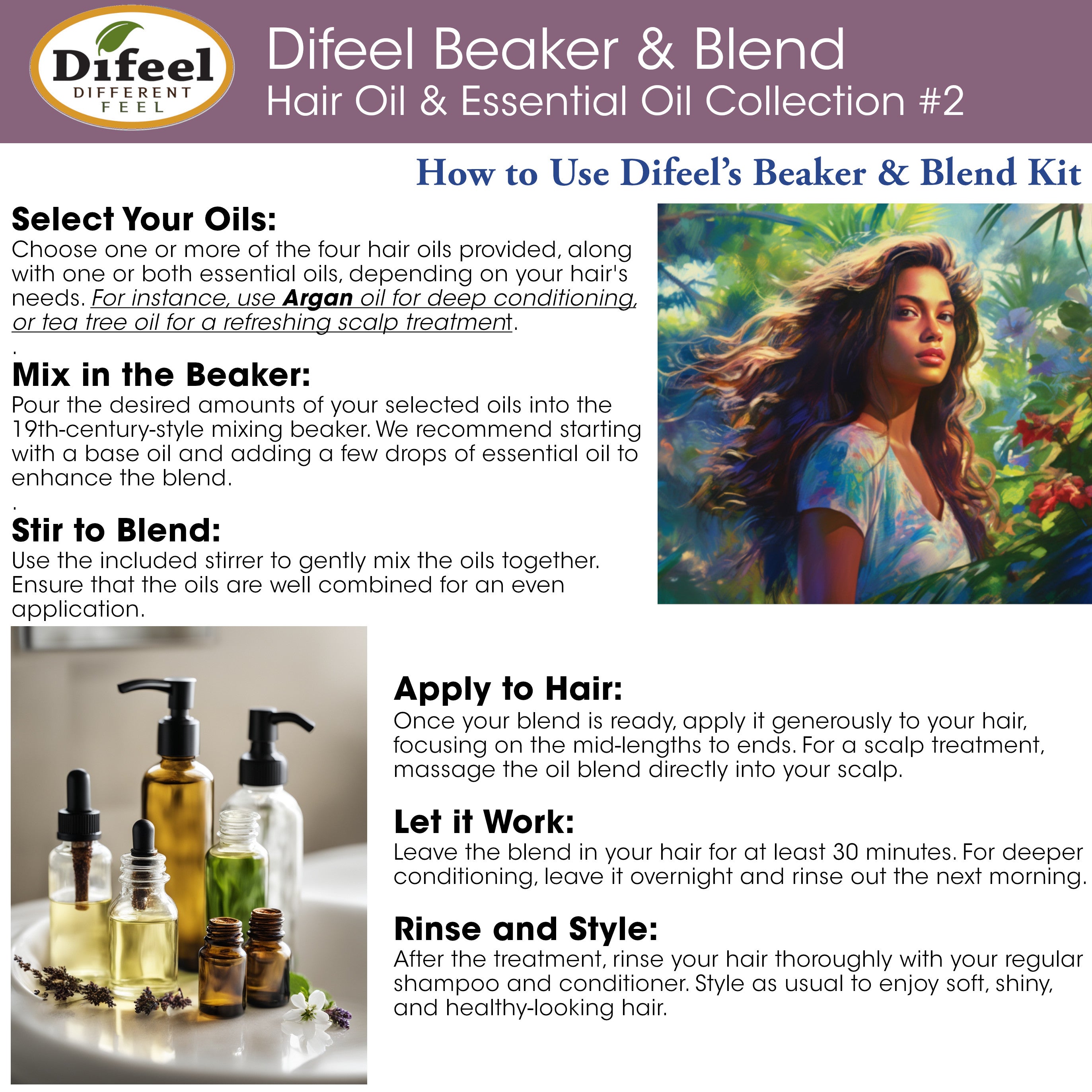 Difeel Beaker & Blend Hair & Essential Oil Kit #2 - Includes Peppermint, Vitamin E, Sweet Almond & Grapeseed Hair Oils, Argan & Coconut Essential Oils and a Mixing Beaker