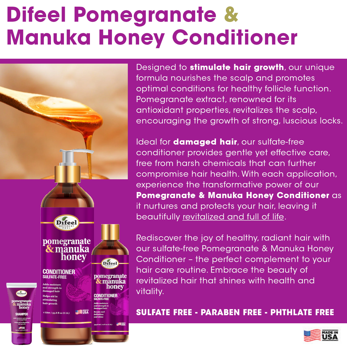 Difeel Pomegranate & Manuka Honey Shampoo & Conditioner 5-PC Set - Includes 33.8oz Shampoo, 33.8oz Conditioner, 8oz Leave in Spray, 8oz Hair Oil & 2.5oz Root Stimulator
