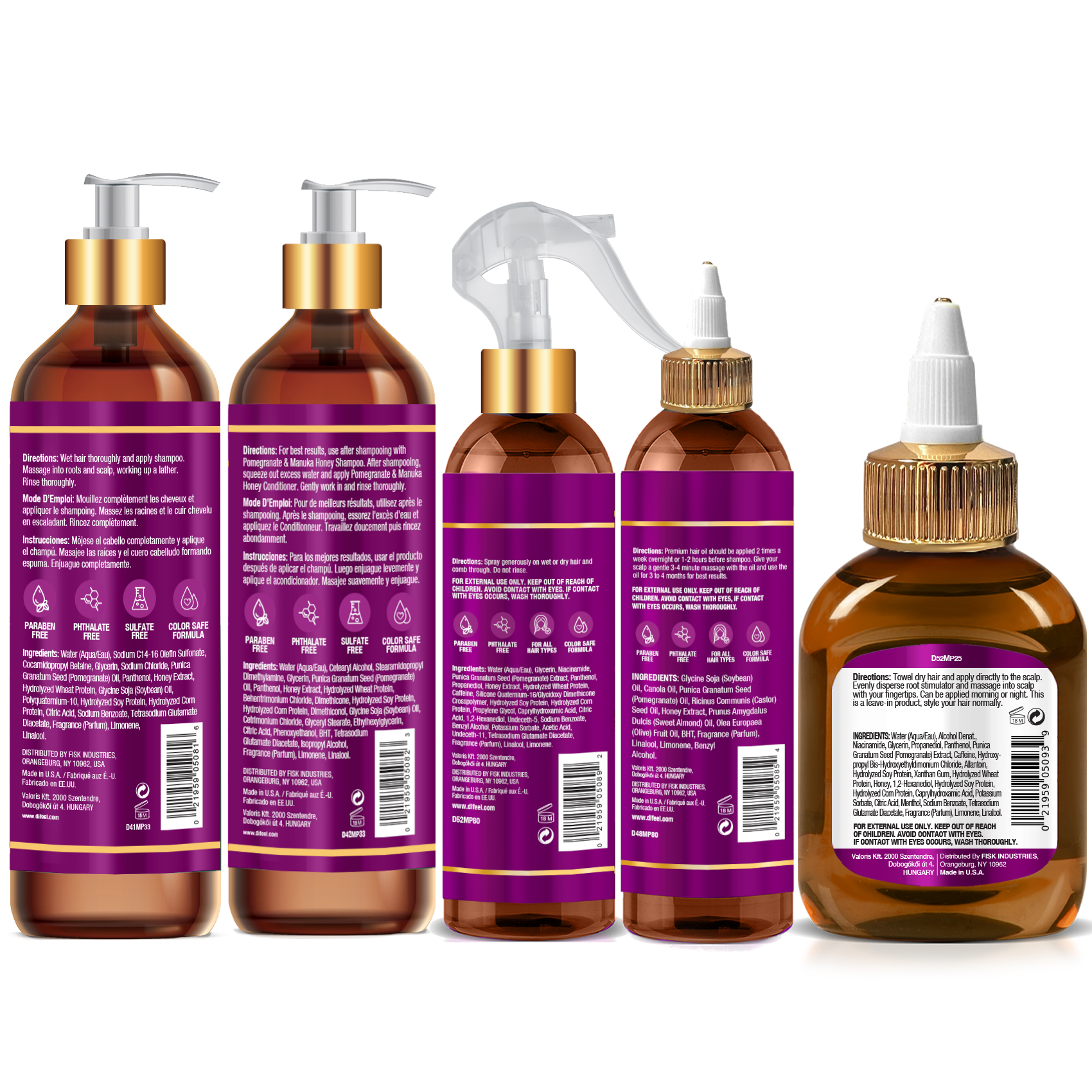Difeel Pomegranate & Manuka Honey Shampoo & Conditioner 5-PC Set - Includes 33.8oz Shampoo, 33.8oz Conditioner, 8oz Leave in Spray, 8oz Hair Oil & 2.5oz Root Stimulator