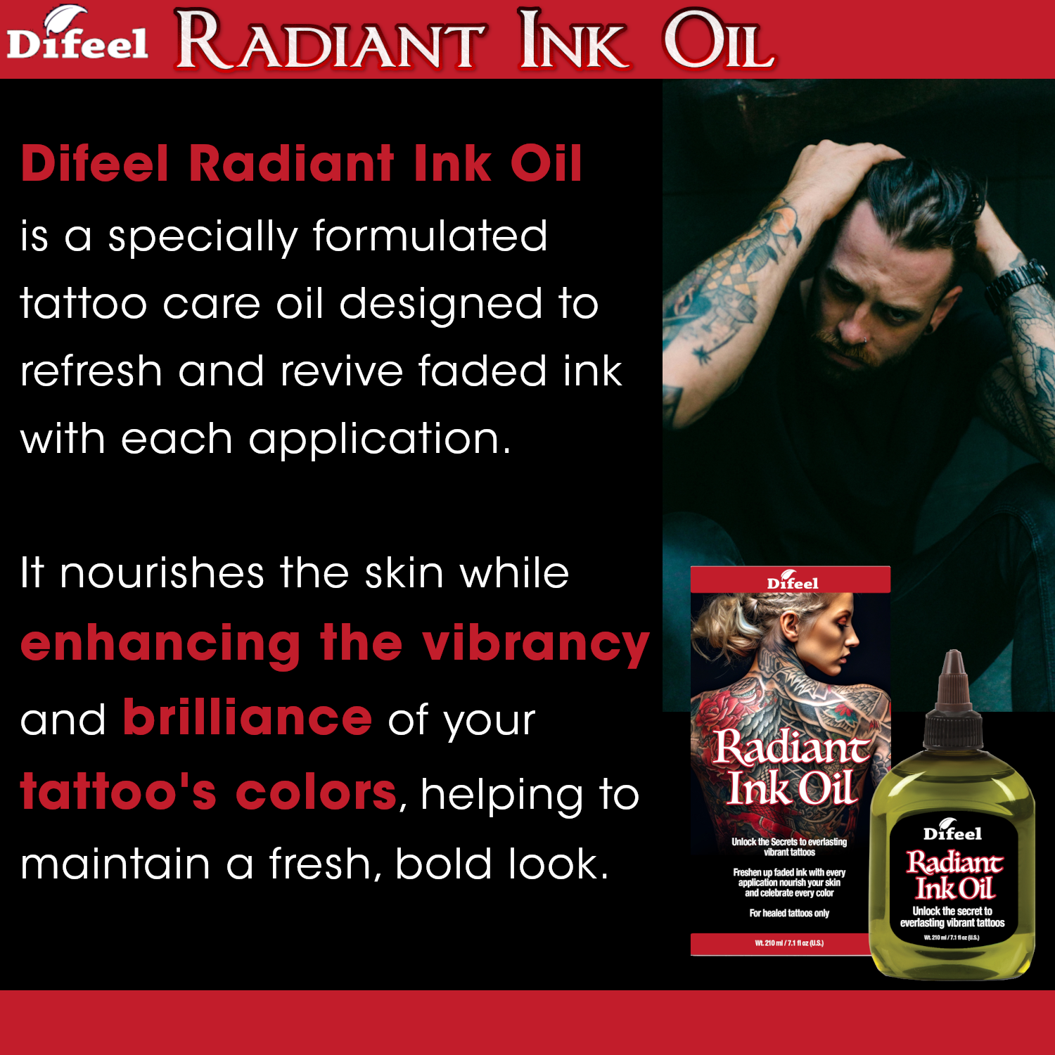 Difeel Radiant Ink Oil - Freshens and Adds Vibrancy to Faded Tattoos 7.1 oz.