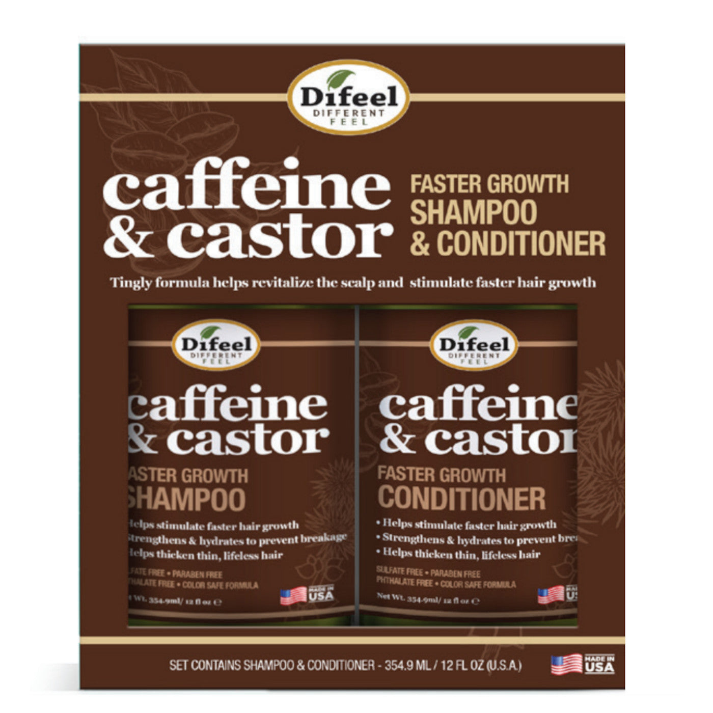 Difeel 2PC Caffeine & Castor Shampoo & Conditioner 12 oz 2-PC Gift Box