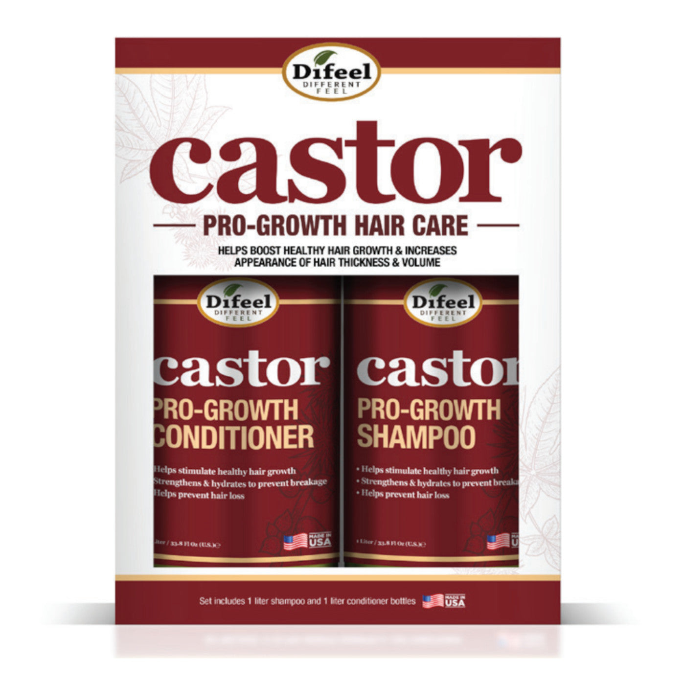 Difeel 2PC Castor Pro-Growth Shampoo & Conditoner Gift Box- Includes 33.8oz. Shampoo and Conditioner