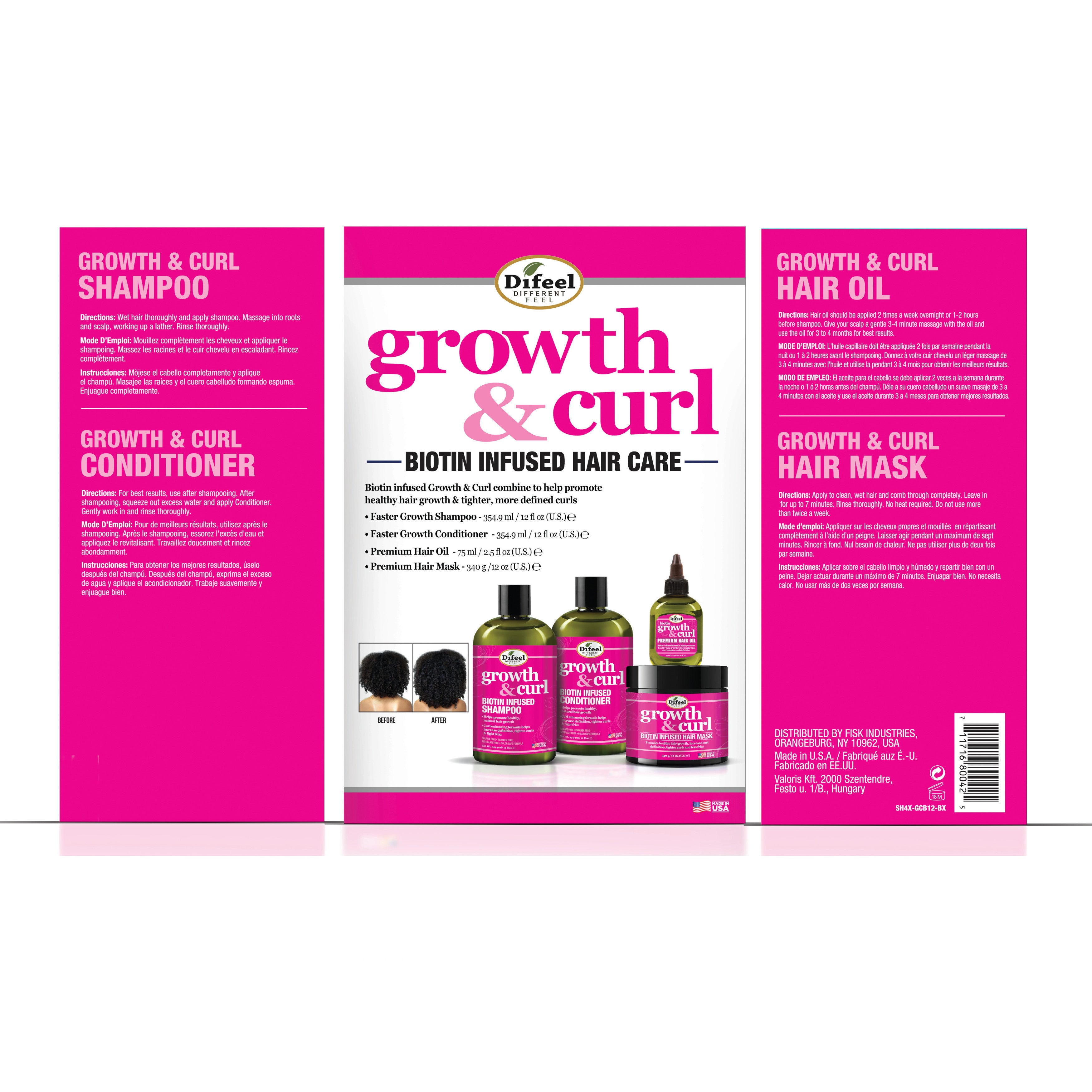 Difeel Growth & Curl Biotin Hair Care Collection 4-PC Gift Box - Includes Faster Growth Shampoo 12oz, Conditioner 12 oz, Hair Mask 12oz and Hair Oil 2.5oz