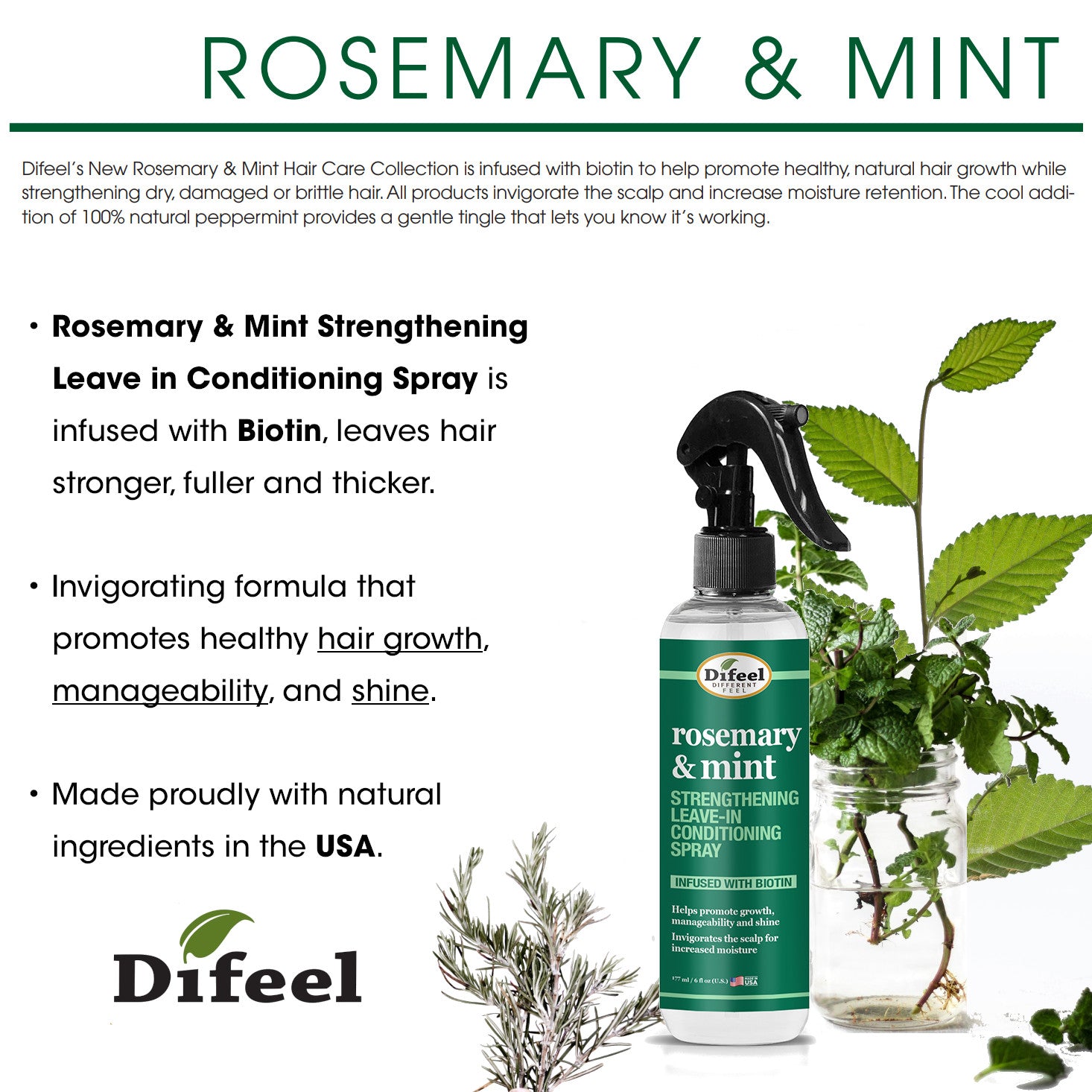 Difeel Elevated Rosemary and Mint Strengthening Leave-In Conditioning Spray 8 oz.