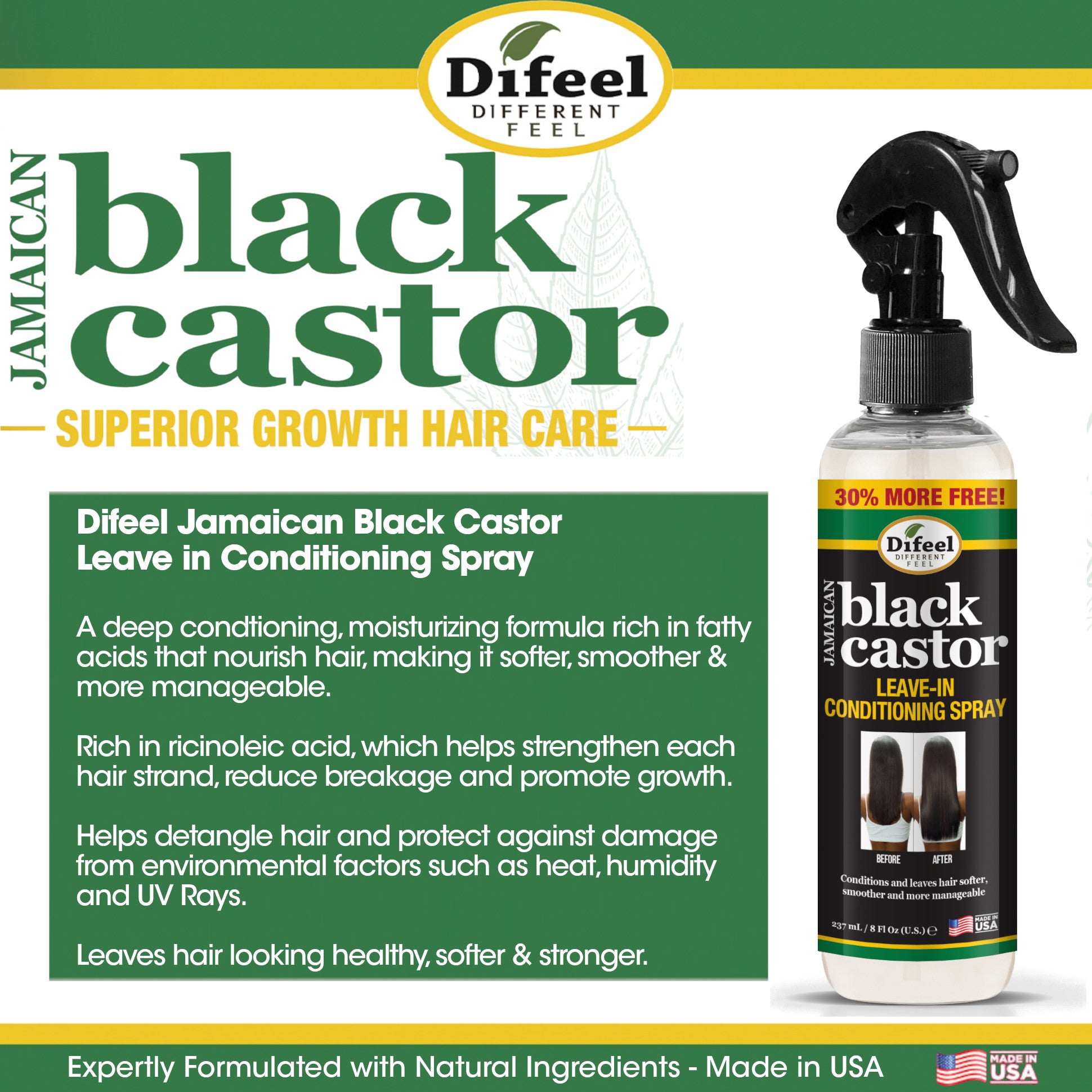 Difeel Jamaican Black Castor Shampoo, Conditioner & Leave in Conditioning Spray 3-PC Gift Set - Shampoo 33.8 oz., Conditioner 33.8 oz. and Leave in Conditioning Spray 6 oz.