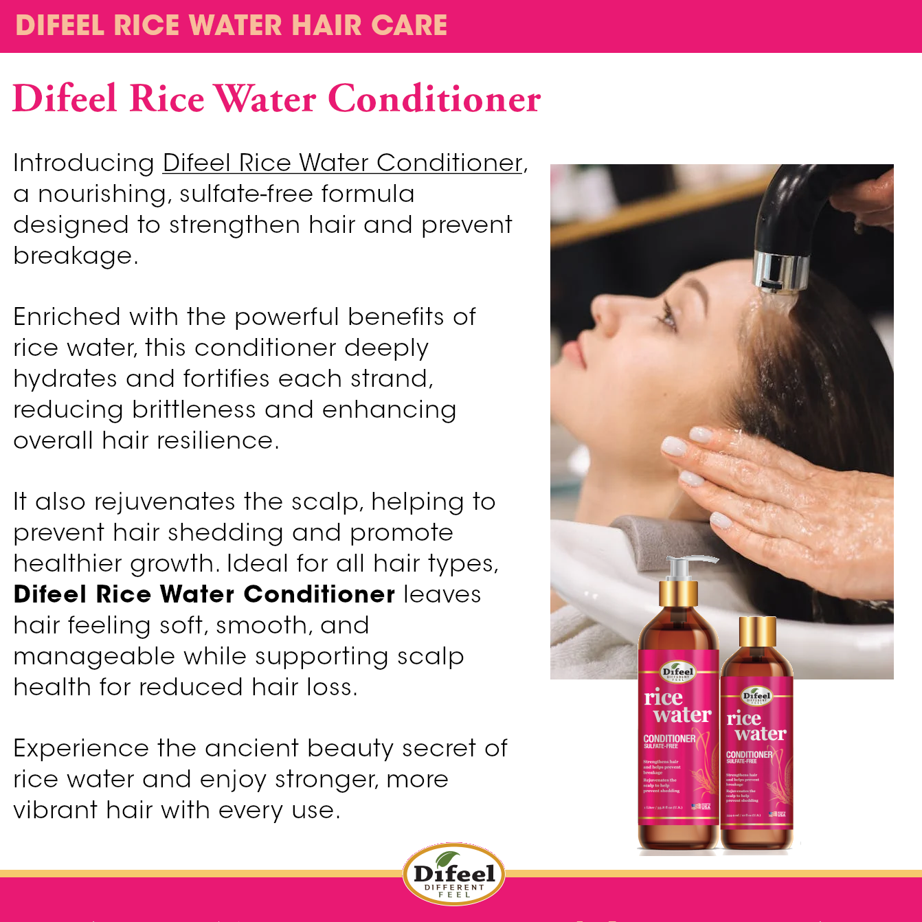 Difeel Rice Water Hair Care 3PC Shampoo & Conditioner & Hair Oil Set - Includes 33.8oz Shampoo, 33.8oz Conditioner, 7.1oz Hair Oil