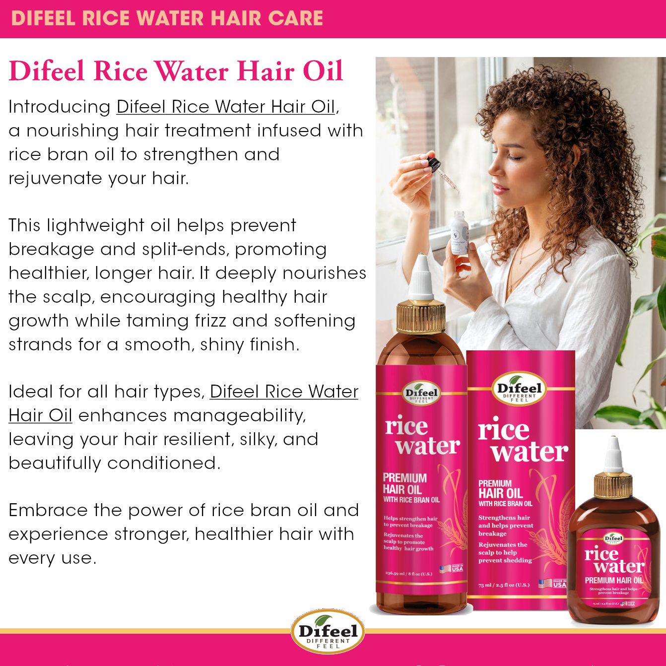 Difeel Rice Water Premium Hair Oil 8 oz.