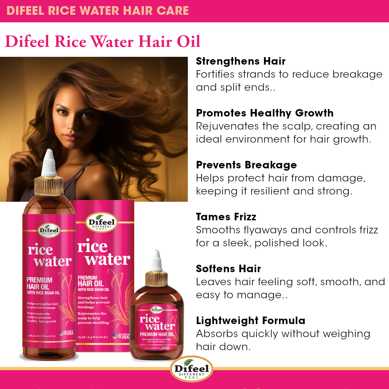 Difeel Rice Water Hair Care 4PC Shampoo & Conditioner Deep Conditioning Set - Includes 33.8oz Shampoo, 33.8oz Conditioner, 8oz Leave in & 7.1oz Hair Oil