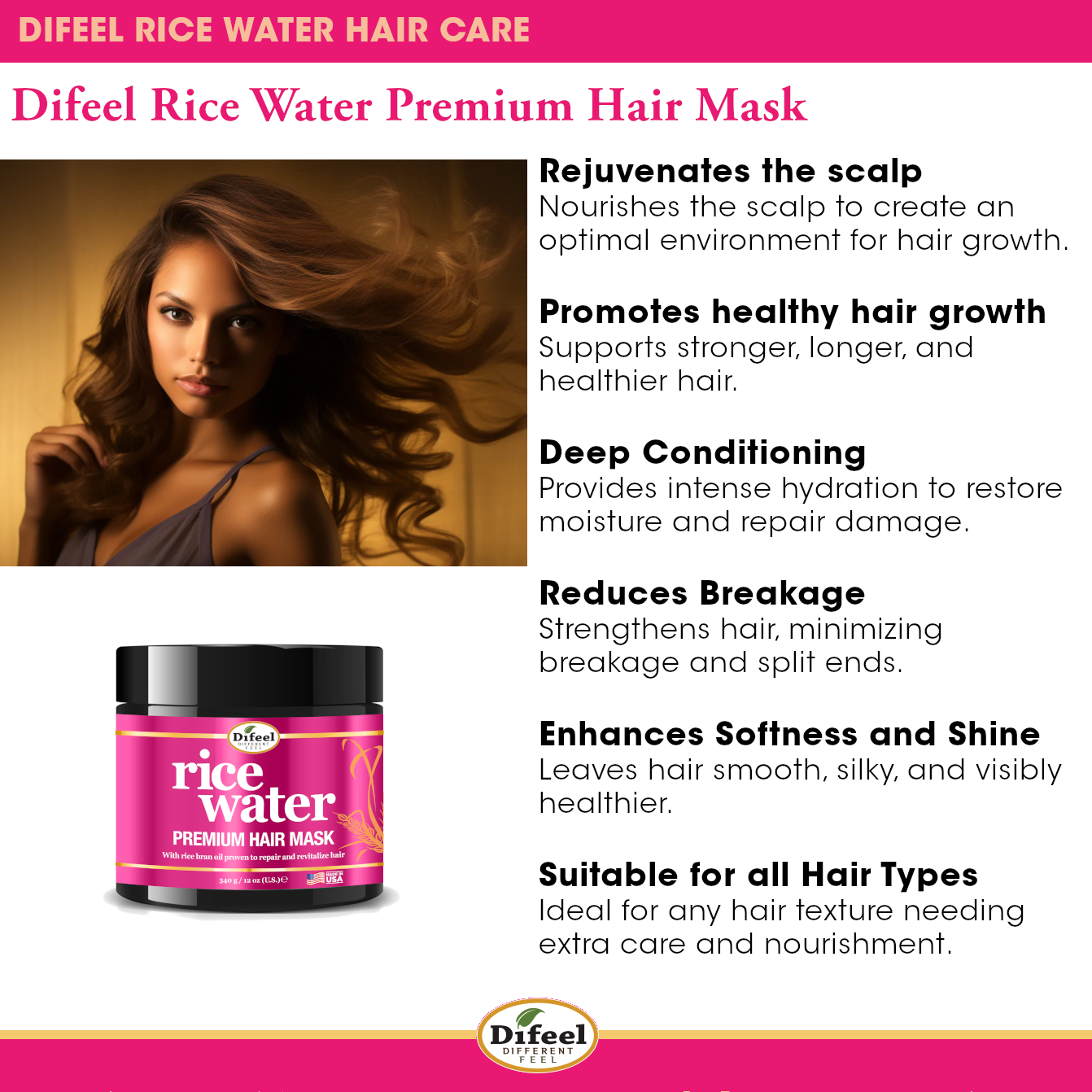 Difeel Rice Water Premium Hair Mask 12 oz.