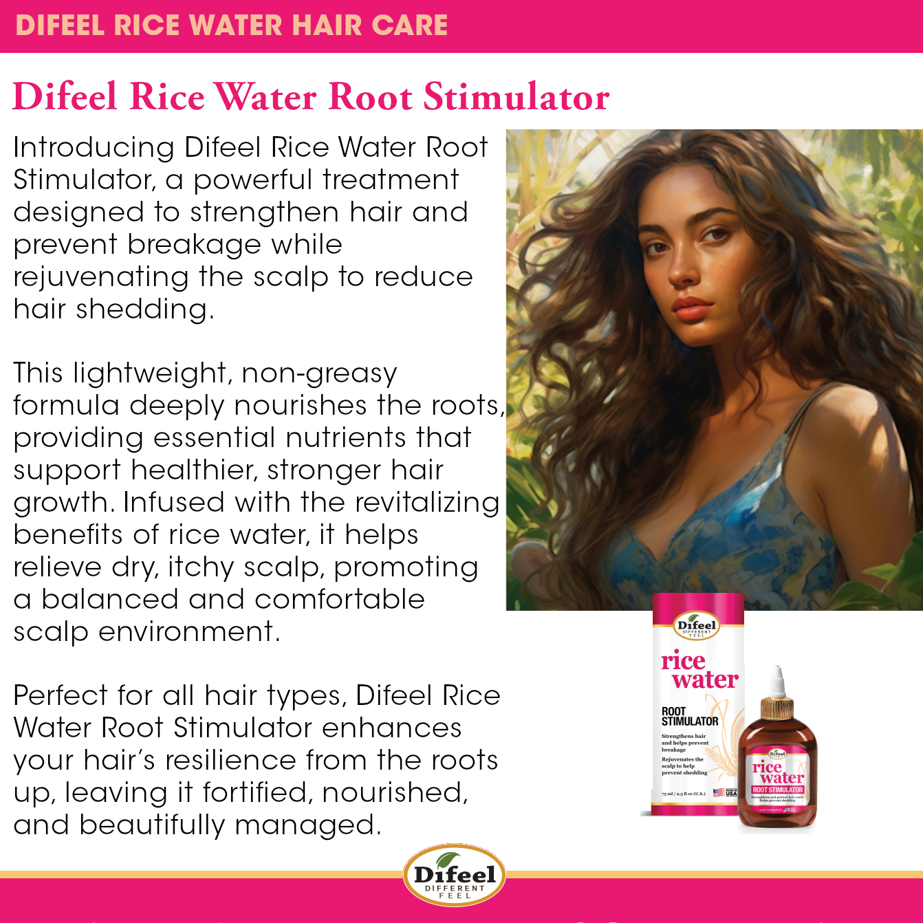 Difeel Rice Water Hair Care 4PC Shampoo & Conditioner Deep Treatment Set - Includes 33.8oz Shampoo, 33.8oz Conditioner, 12oz Hair Mask, 7.1oz Root Stimulator