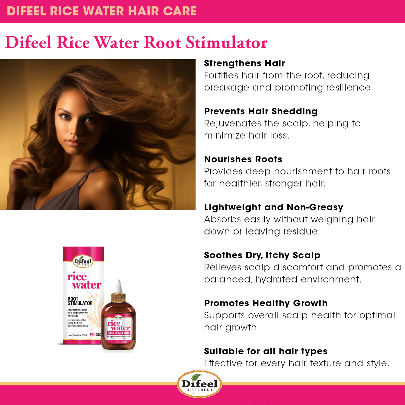 Difeel Rice Water Hair Care 4PC Shampoo & Conditioner Deep Treatment Set - Includes 33.8oz Shampoo, 33.8oz Conditioner, 12oz Hair Mask, 7.1oz Root Stimulator