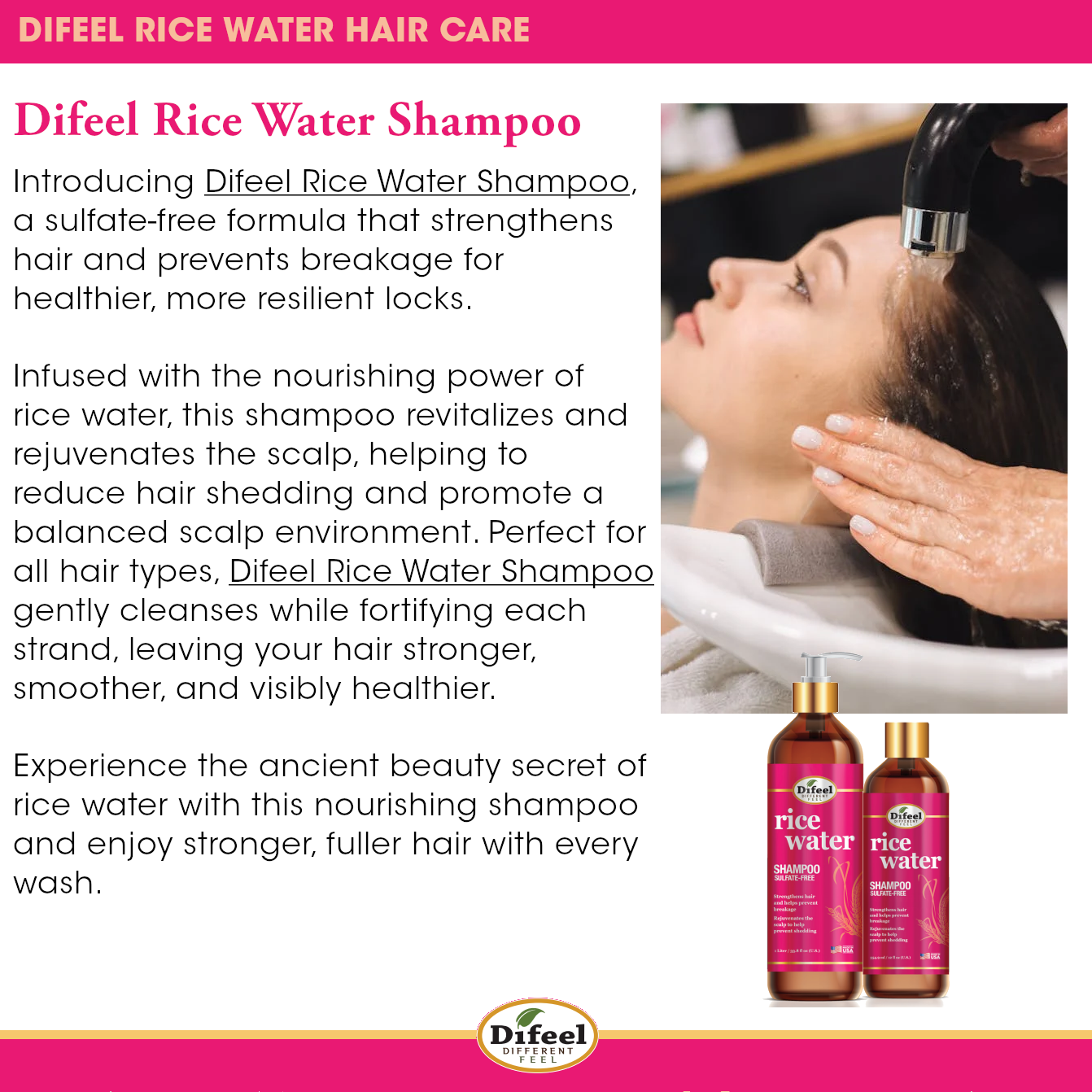 Difeel Rice Water Hair Care 3PC Shampoo & Conditioner & Hair Oil Set - Includes 33.8oz Shampoo, 33.8oz Conditioner, 7.1oz Hair Oil