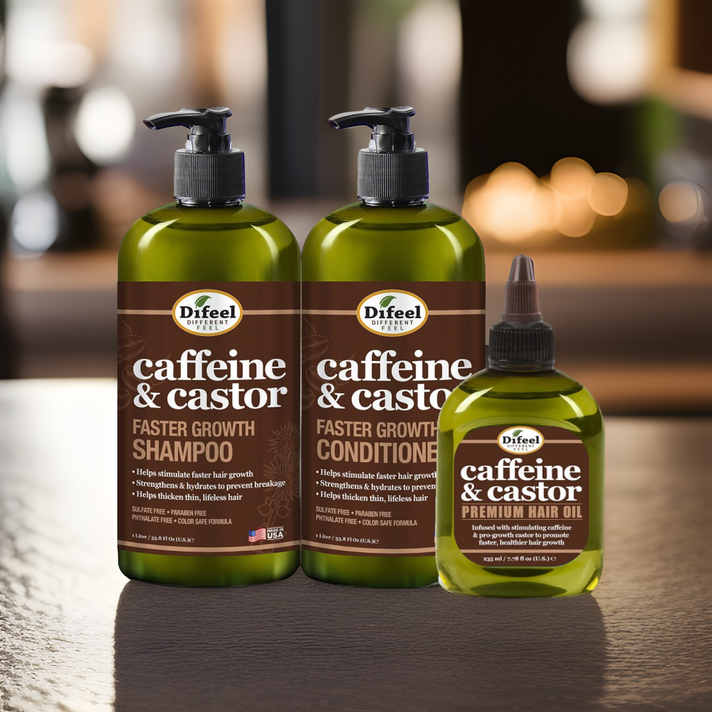 Difeel 3-PC Caffeine & Castor Shampoo, Conditioner & Hair Oil for Faster Hair Growth - with 33.8 oz. Shampoo, 33.8 oz. Conditioner & 7.78 oz. Hair Oil