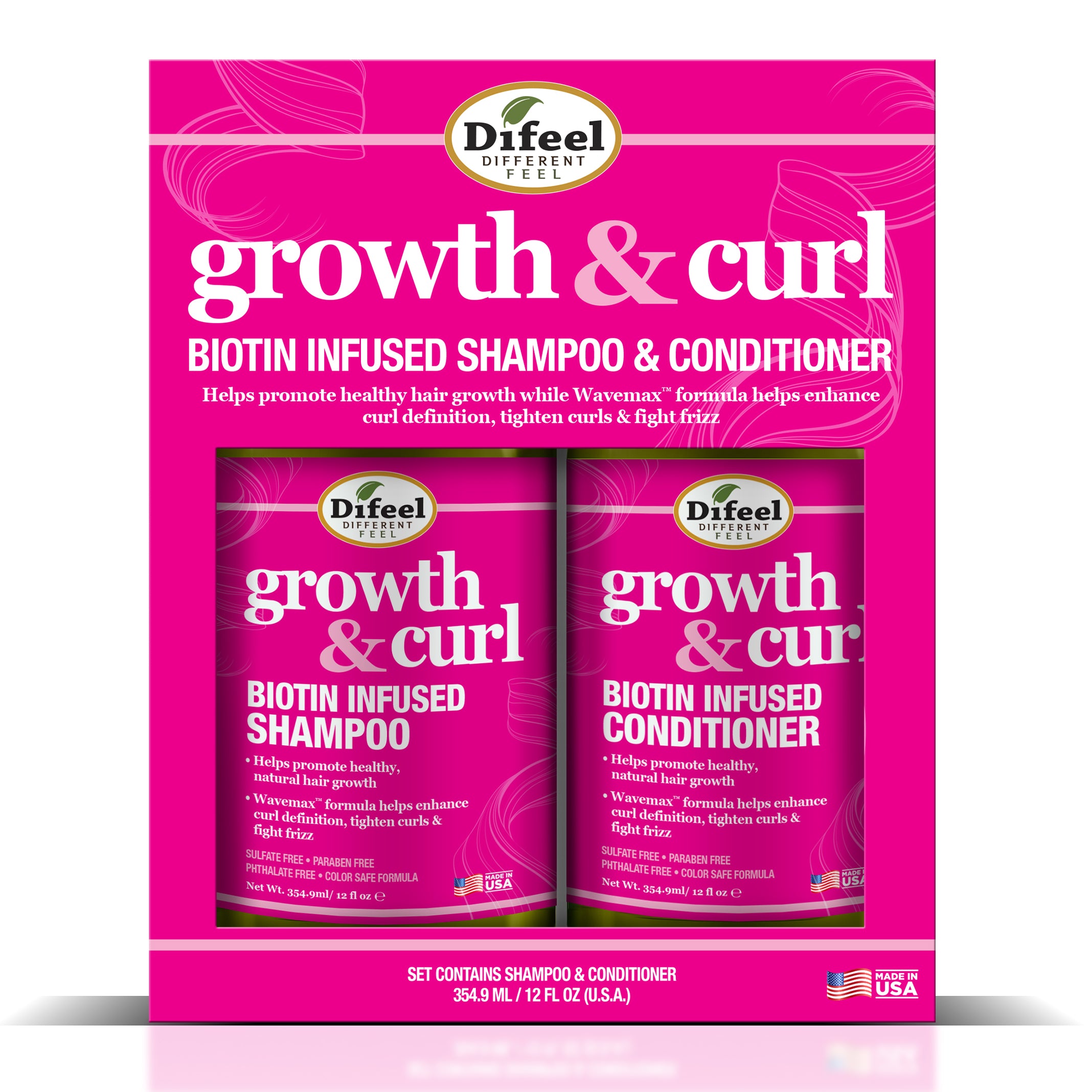 Difeel Growth and Curl Biotin Shampoo 12 oz.  and Conditioner 12 oz. 2-PC Gift Box