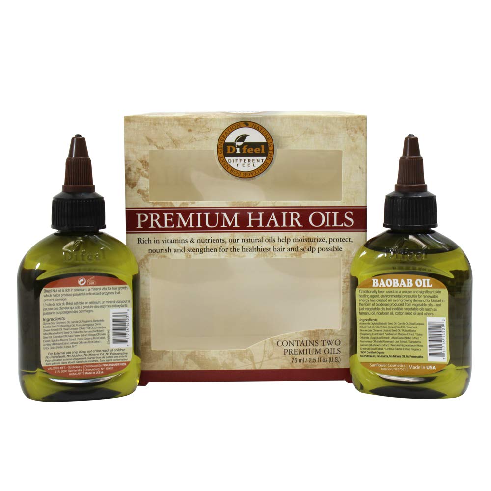 Difeel Premium Natural Hair Oil - Brazilian Nut Oil and Baobab Oil 2.5 Ounce (2-Piece Set)