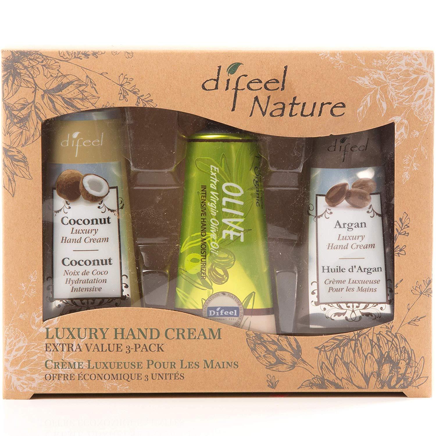 Difeel Luxury Hand Cream Extra Value 3 Pack Set - Coconut Luxury Hand Cream 1.4 oz, Olive Luxury Hand Cream 1.4 oz & Argan Luxury Hand Cream 1.4 oz