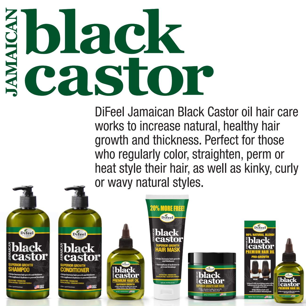 Difeel Superior Growth Jamaican Black Castor 3-PC Hair Care Set - Includes 12 oz. Shampoo, 12 oz. Hair Mask & 2.5 oz. Root Stimulator