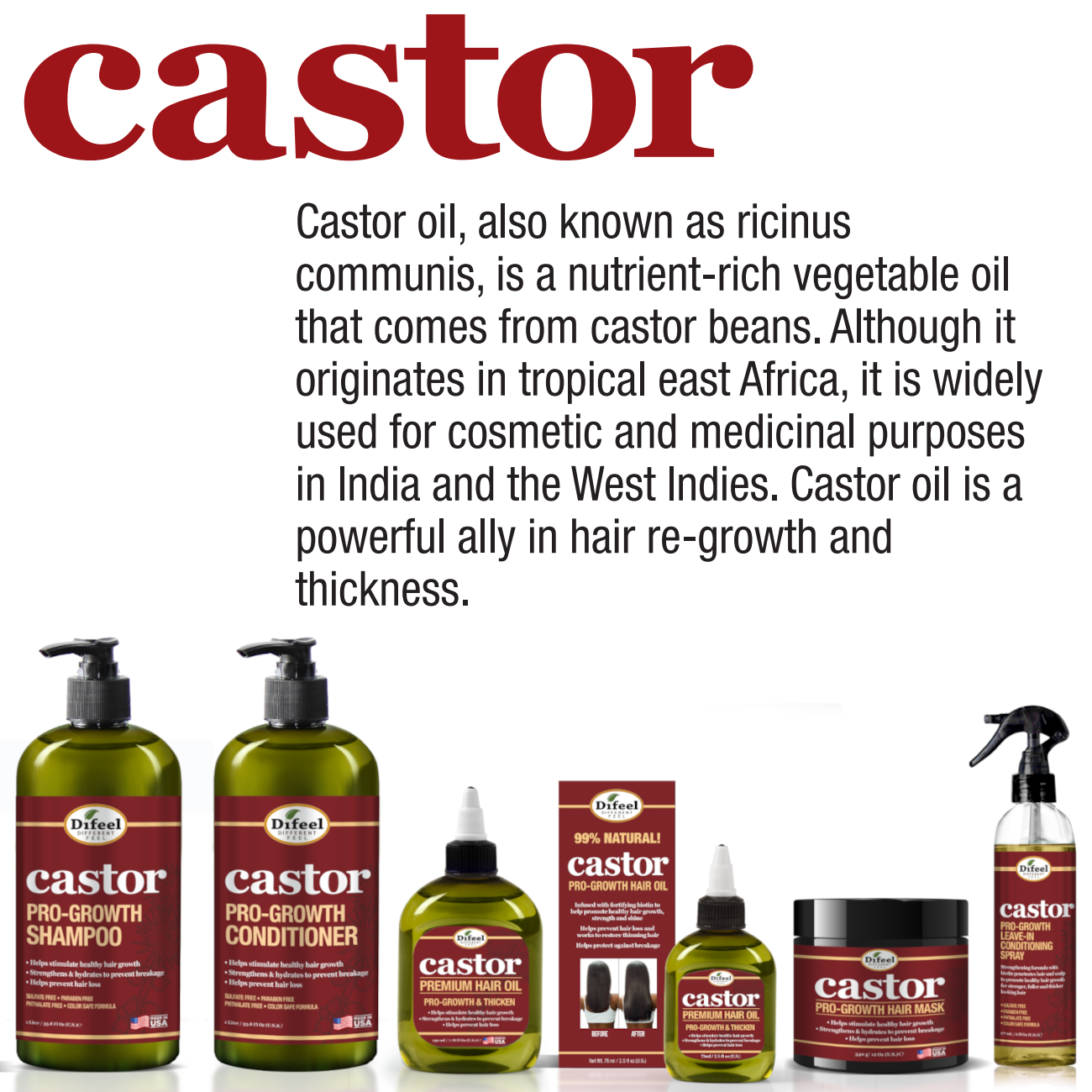 Difeel 4-PC Castor Pro-Growth Hair Growth: Cleansing & Growth Set - Includes 12 oz. Shampoo, 12 oz.  Conditioner, 12 oz.  Hair Mask & 2.5oz Root Stimulator