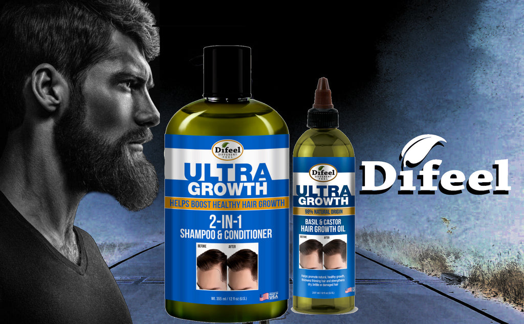 Difeel Mens Ultra Growth 2-in-1 Basil & Castor Oil Shampoo & Conditioner 12 oz. with Hair Oil 8oz. (2-PC SET)