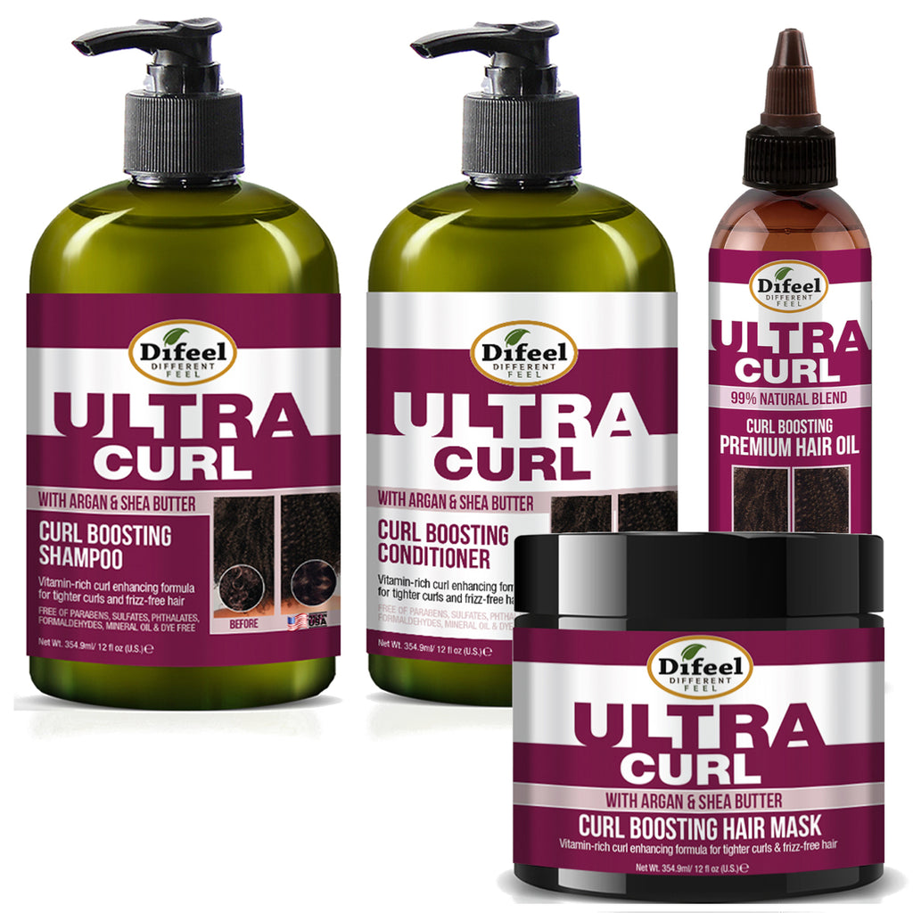 Difeel Ultra Curl 4-PC Curl Enhancing Hair Care Set : Ultra Curl Shampoo 12 oz, Conditioner 12 oz, Hair Mask 12 oz. & Hair Oil 8 oz