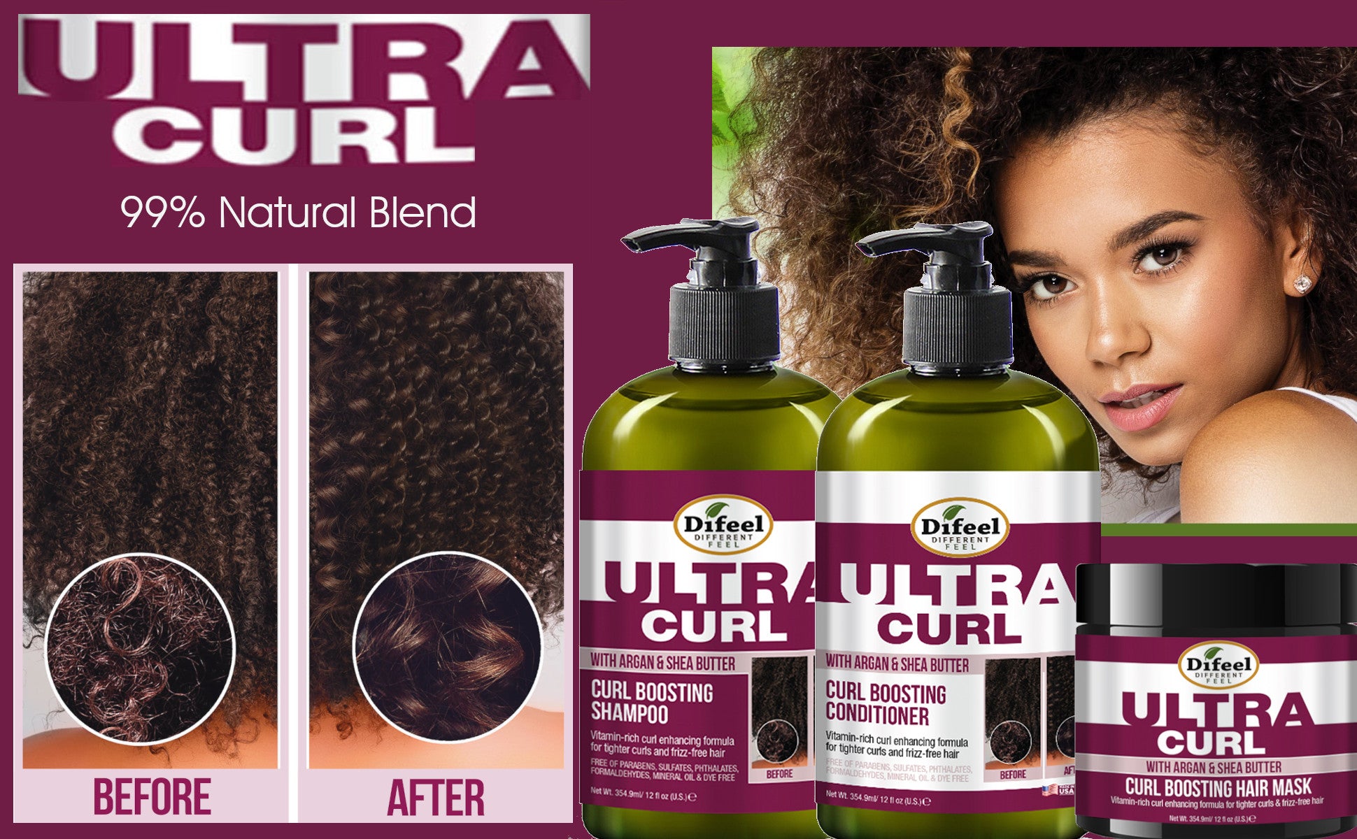 Difeel Ultra Curl 3-PC Curl Enhancing Hair Care Set : Ultra Curl Shampoo 12 oz, Conditioner 12 oz. and Hair Mask 12 oz. Set
