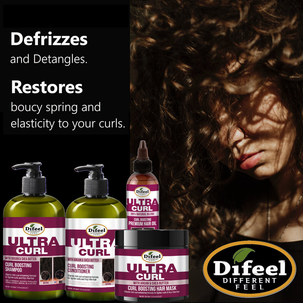 Difeel Ultra Curl 4-PC Curl Enhancing Hair Care Set : Ultra Curl Shampoo 12 oz, Conditioner 12 oz, Hair Mask 12 oz. & Hair Oil 8 oz