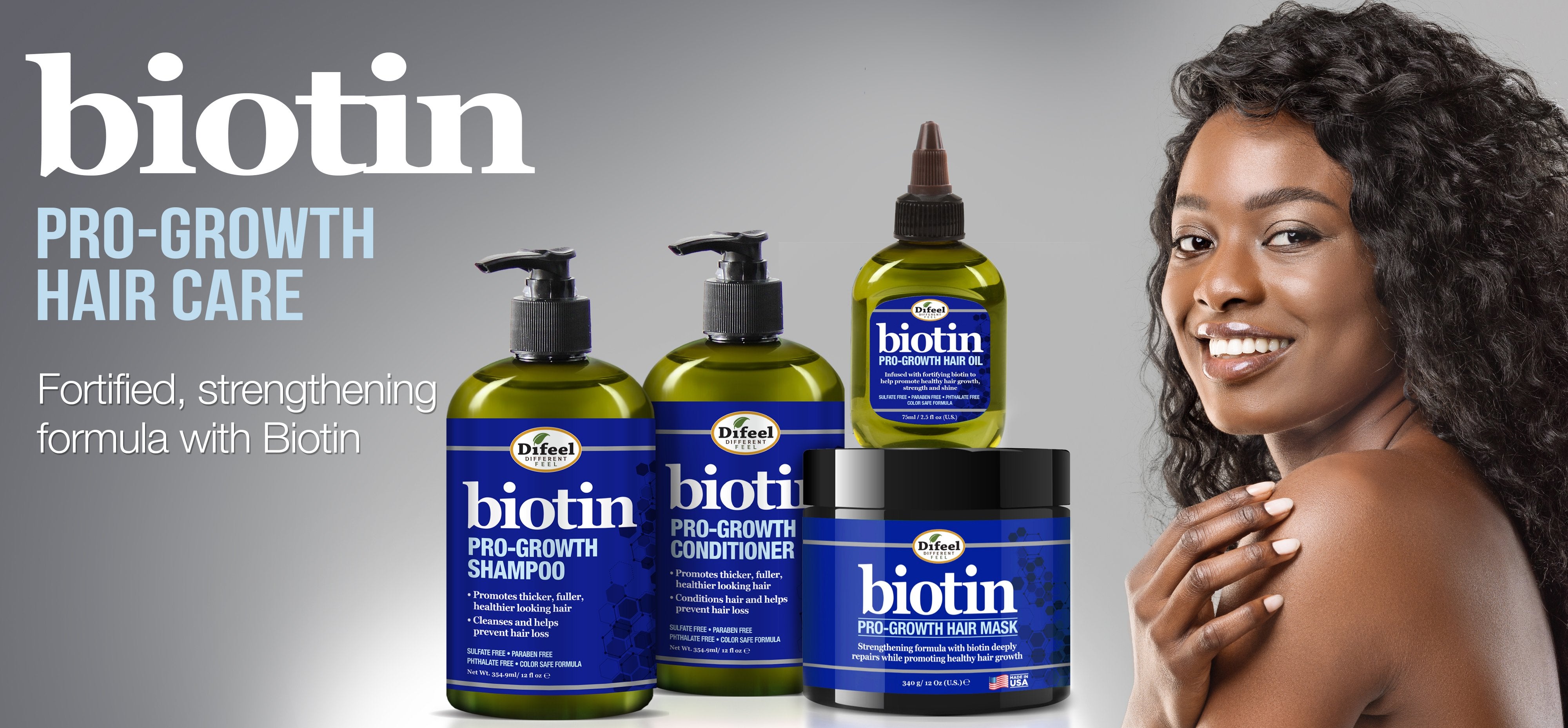 Difeel Biotin Pro-Growth 4-PC Hair Care Gift Set - Includes Shampoo 12 oz. , Conditioner 12 oz. , Hair Oil 7oz and Hair Mask 12 oz. .