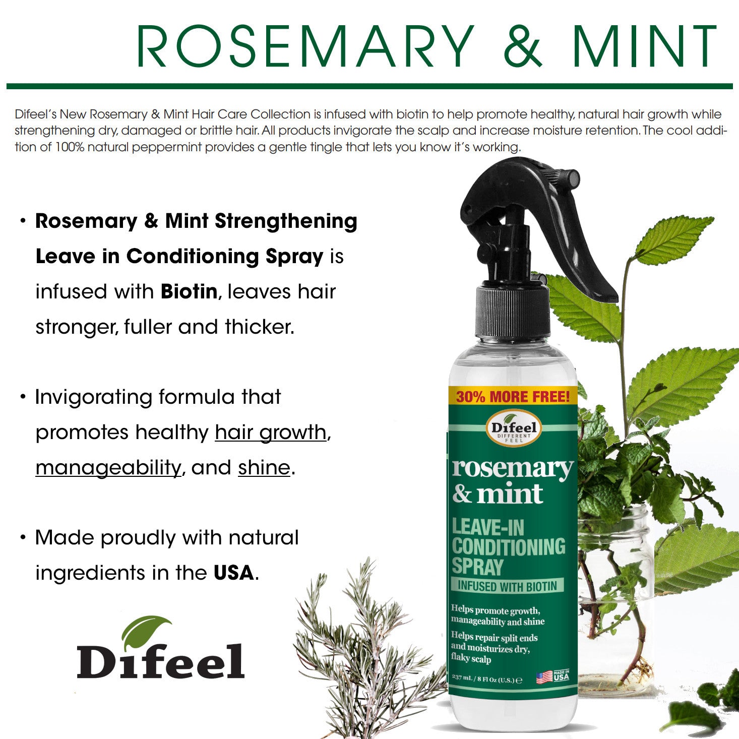 Difeel Rosemary and Mint Biotin Strengthening Leave-In Conditioning Spray Bonus 8oz.