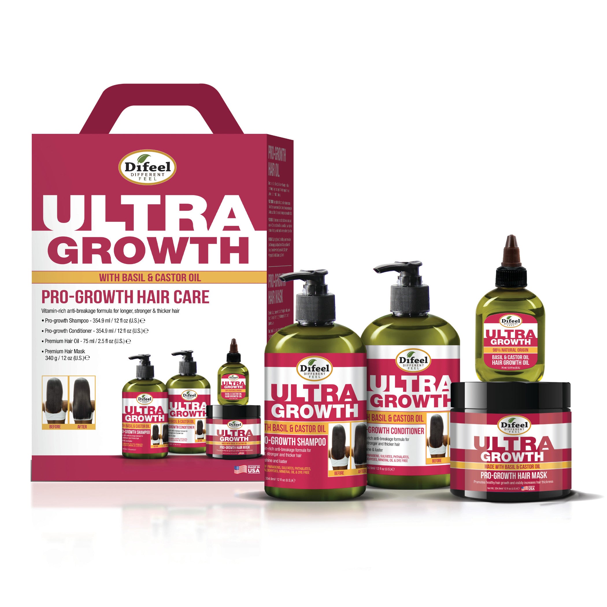 Difeel Ultra Growth with Basil & Castor Oil 4-PC Hair Care Gift Set - Includes Shampoo 12 oz. , Conditioner 12 oz. , Hair Oil 2.5oz and Hair Mask 12 oz. .