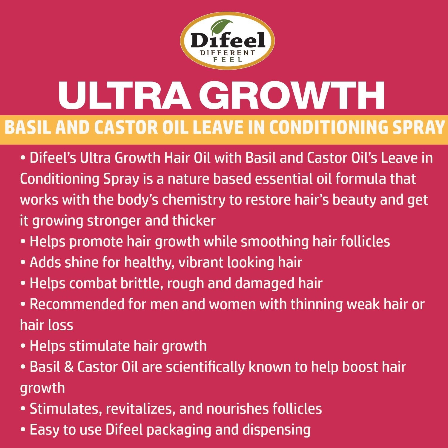 Difeel Ultra Growth Basil & Castor Hair Oil Leave in Conditioning Spray 6 oz. (PACK OF 2)