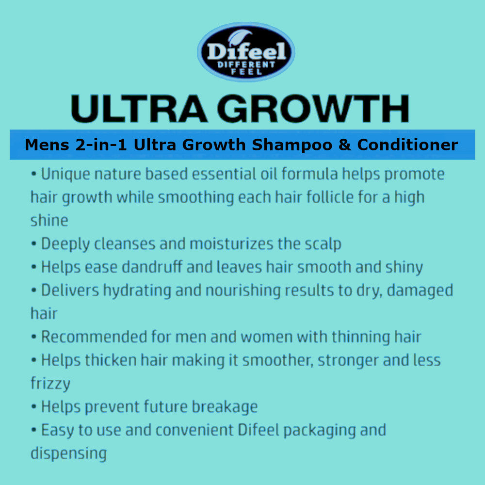 Difeel Mens Ultra Growth 3-PC Hair Growth Shampoo, Condition & Treatment Set - Includes 12 oz.  2-in-1 Shampoo, 8oz Hair Oil & 2.5oz Hair Oil