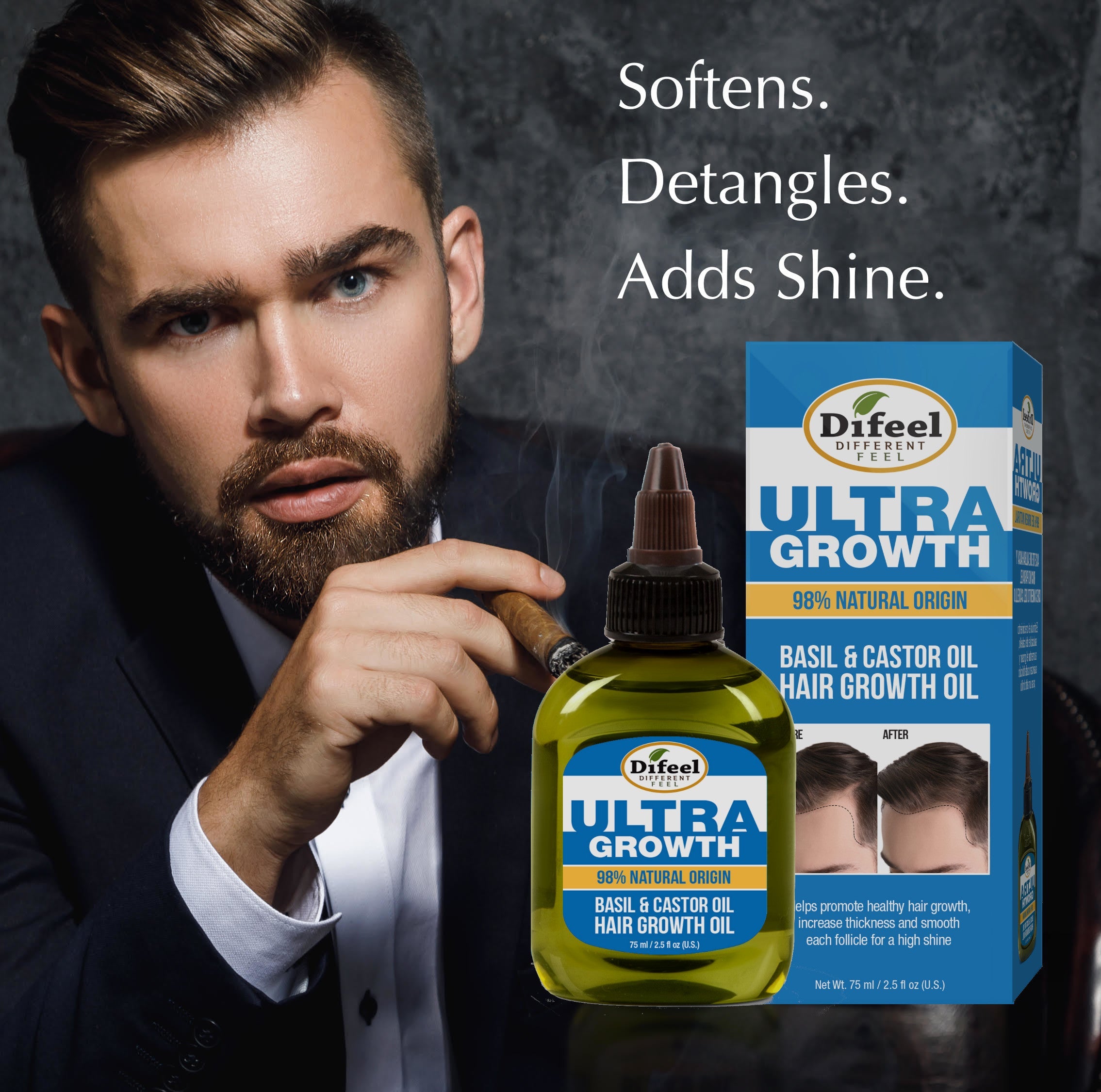 Difeel Mens Ultra Growth 2-in-1 Basil & Castor Oil Shampoo & Conditioner 12 oz. with Hair Oil 2.5oz. (2-PC SET)