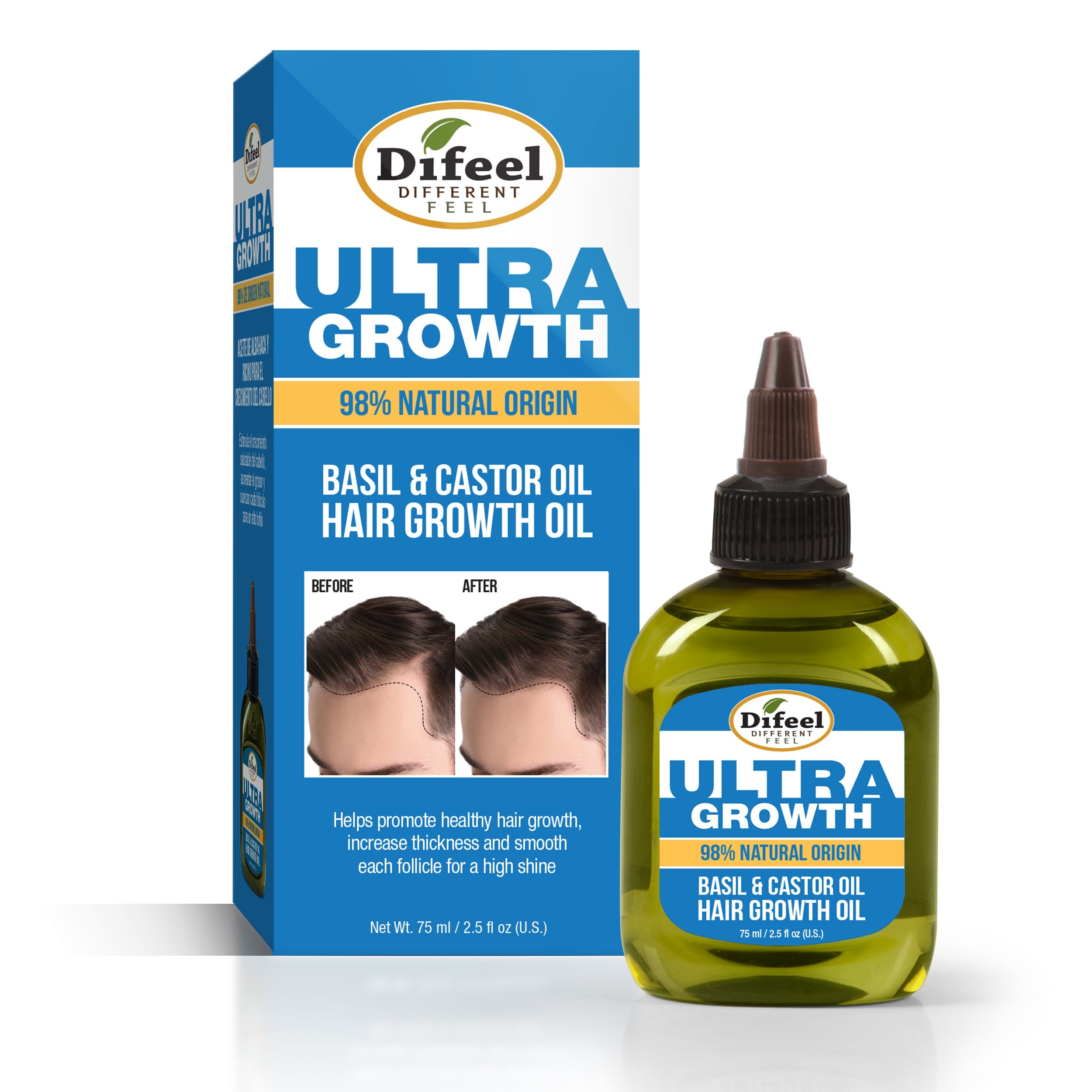 Difeel Mens Ultra Growth 2-in-1 Basil & Castor Oil Shampoo & Conditioner 12 oz. with Hair Oil 2.5oz. (2-PC SET)