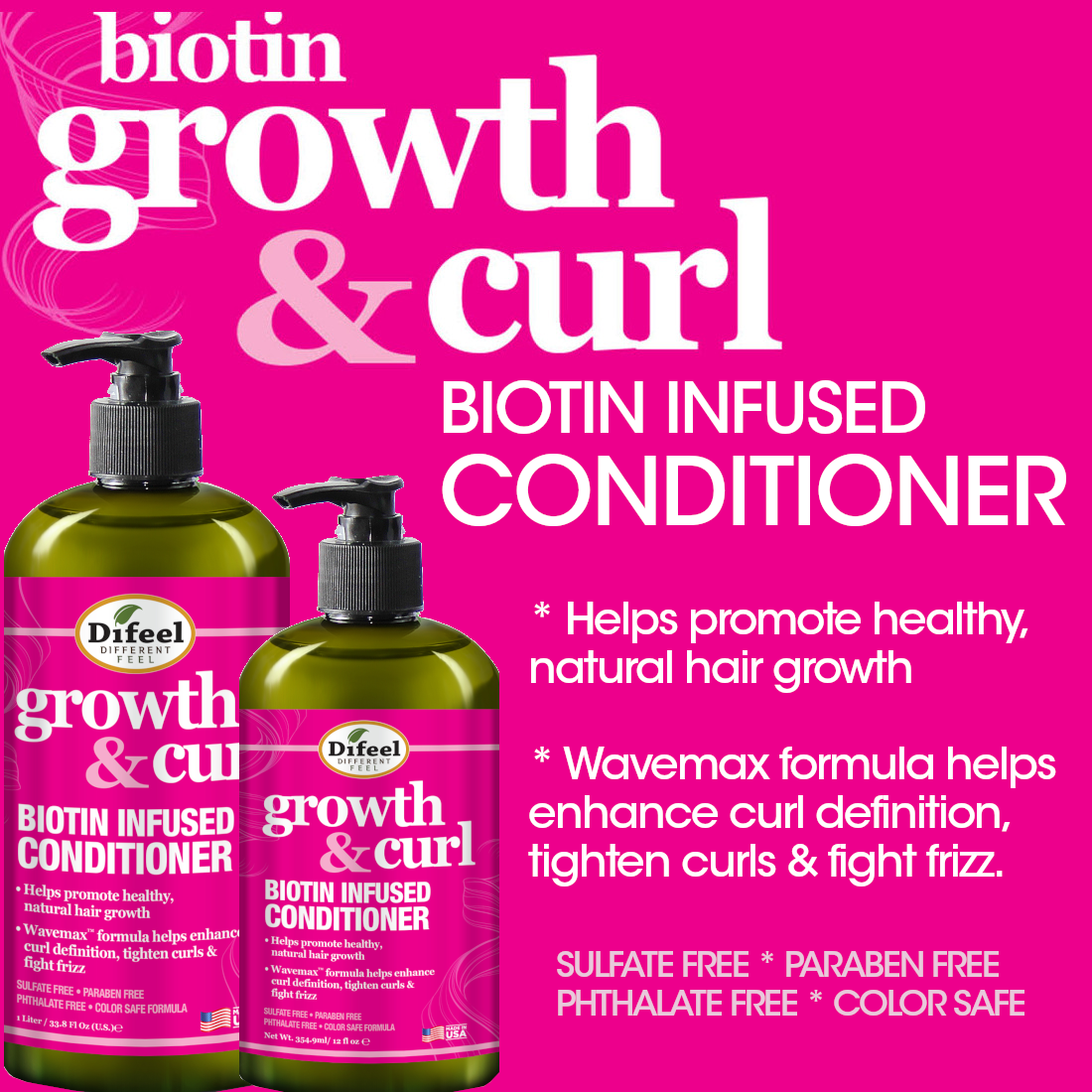Difeel Growth and Curl Biotin Shampoo 12 oz.  and Conditioner 12 oz. 2-PC Gift Box