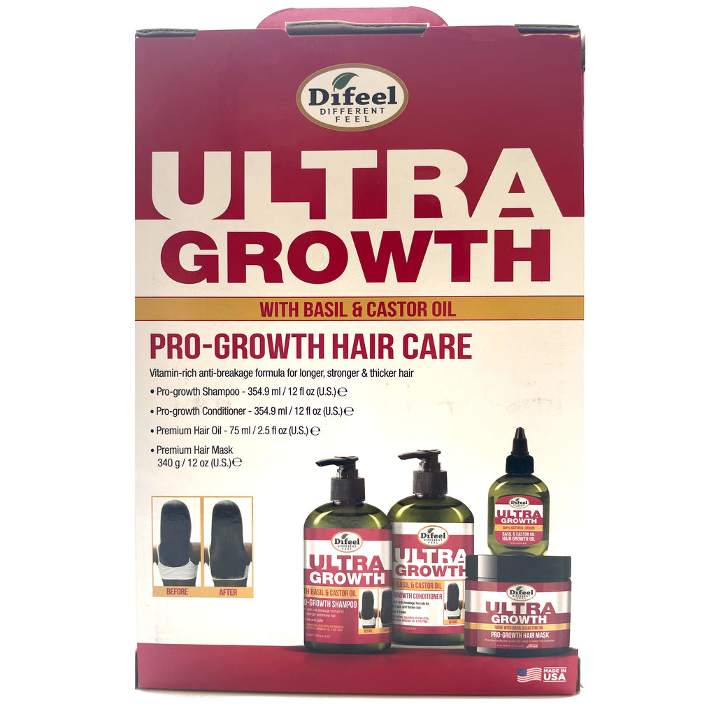 Difeel Ultra Growth with Basil & Castor Oil 4-PC Hair Care Gift Set - Includes Shampoo 12 oz. , Conditioner 12 oz. , Hair Oil 2.5oz and Hair Mask 12 oz. .